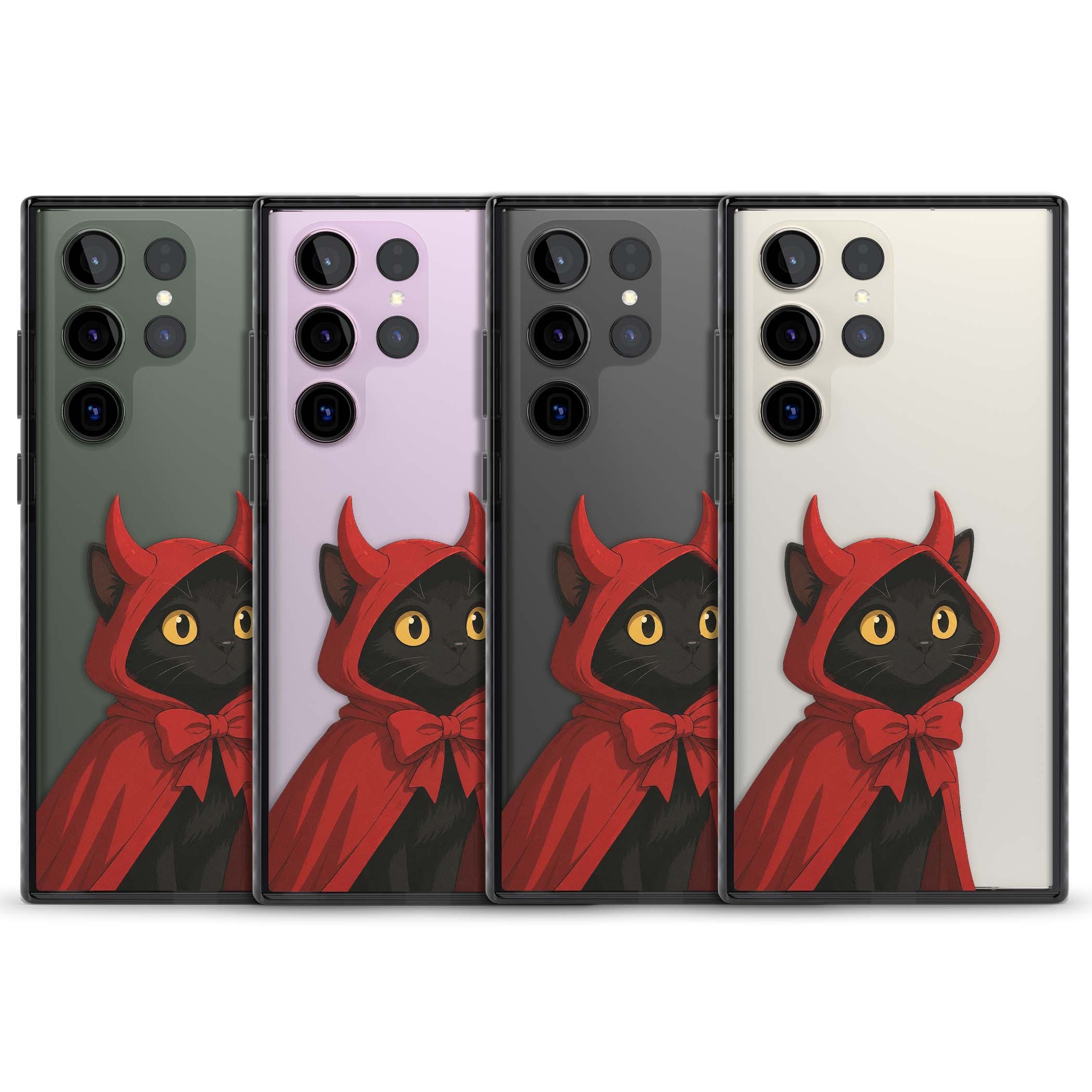 Little Devil halloween iPhone case featuring a black cat in a red hooded devil cloak with horns and golden eyes | Black Impact case for Samsung Galaxy S24 Ultra, Samsung Galaxy S23 Ultra, Samsung Galaxy S22 Ultra