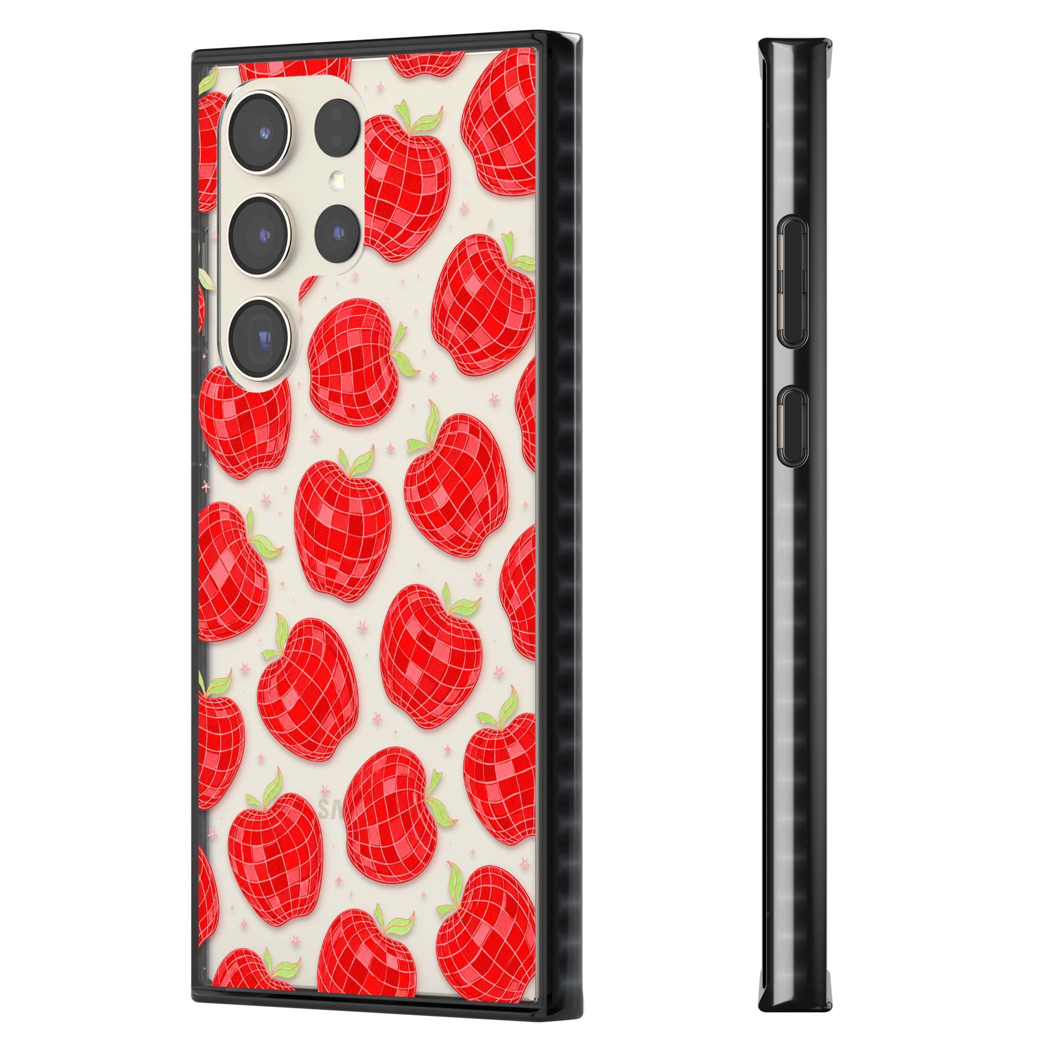 Disco Apples Y2K iPhone case featuring red disco ball apples, green leaves and pink sparkles on clear | Black Impact case for Samsung Galaxy S24 Ultra, Samsung Galaxy S23 Ultra, Samsung Galaxy S22 Ultra