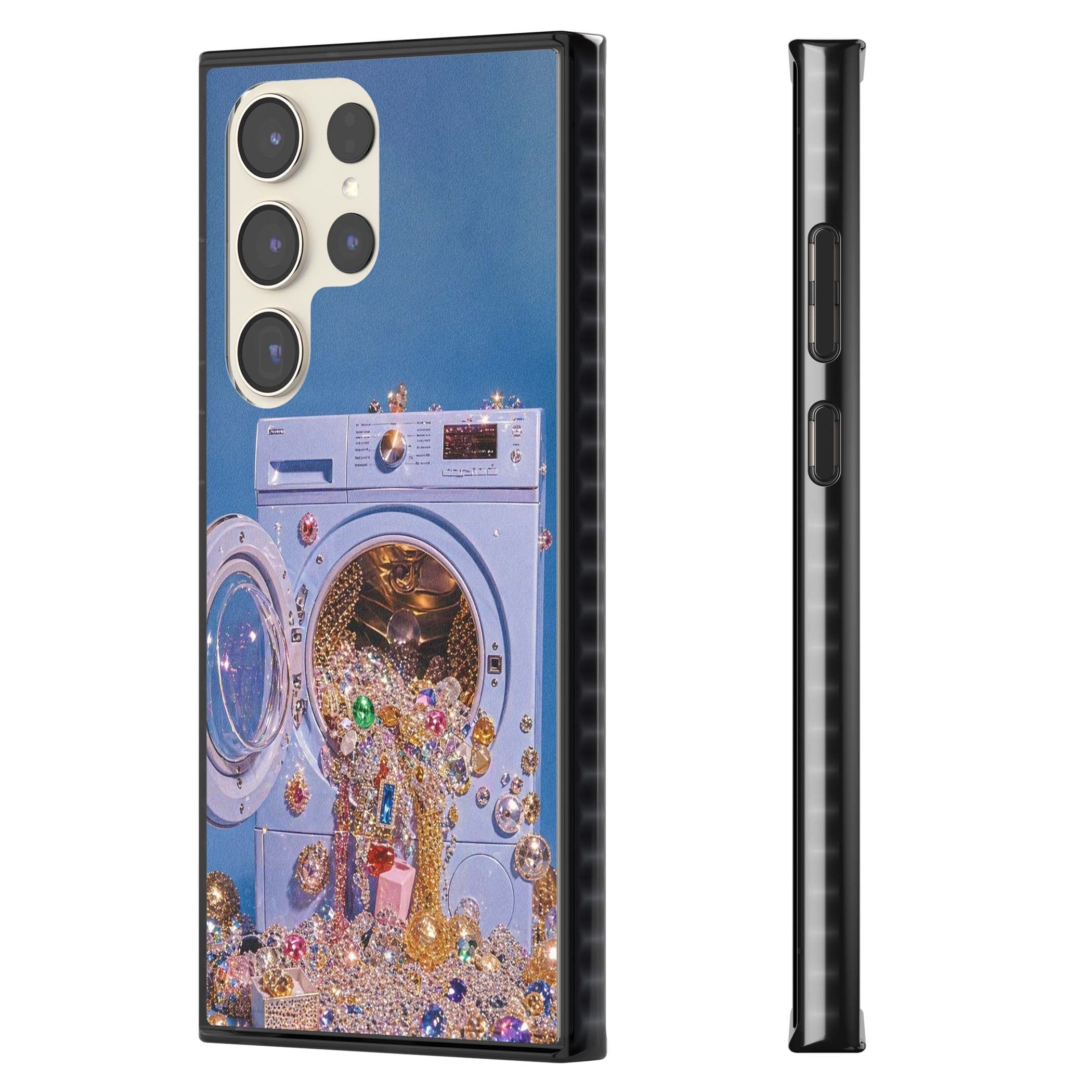 Gem Laundry baddie iPhone case featuring a surreal washing machine overflowing with colourful gemstones and crystals | Black Impact case for Samsung Galaxy S24 Ultra, Samsung Galaxy S23 Ultra, Samsung Galaxy S22 Ultra