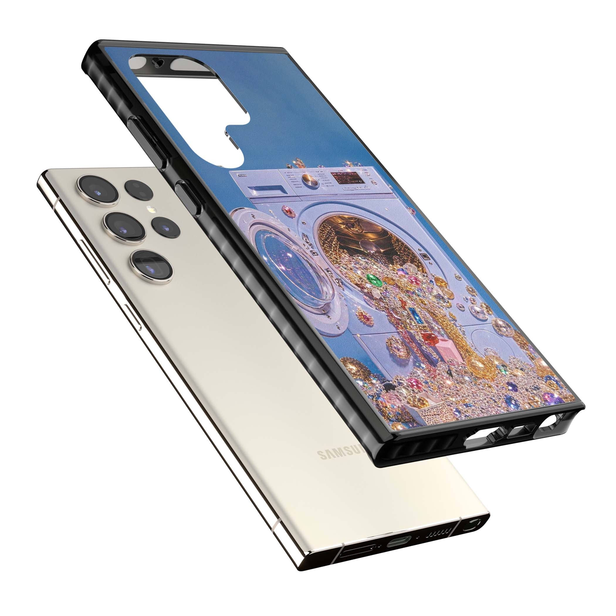 Gem Laundry baddie iPhone case featuring a surreal washing machine overflowing with colourful gemstones and crystals | Black Impact case for Samsung Galaxy S24 Ultra, Samsung Galaxy S23 Ultra, Samsung Galaxy S22 Ultra