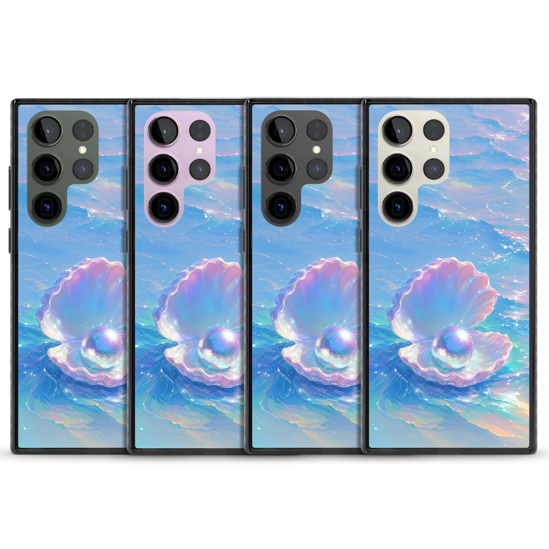 The Pearl Clam mermaidcore iPhone case featuring iridescent seashell, glowing pearl and pastel ocean waves | Black Impact case for Samsung Galaxy S24 Ultra, Samsung Galaxy S23 Ultra, Samsung Galaxy S22 Ultra