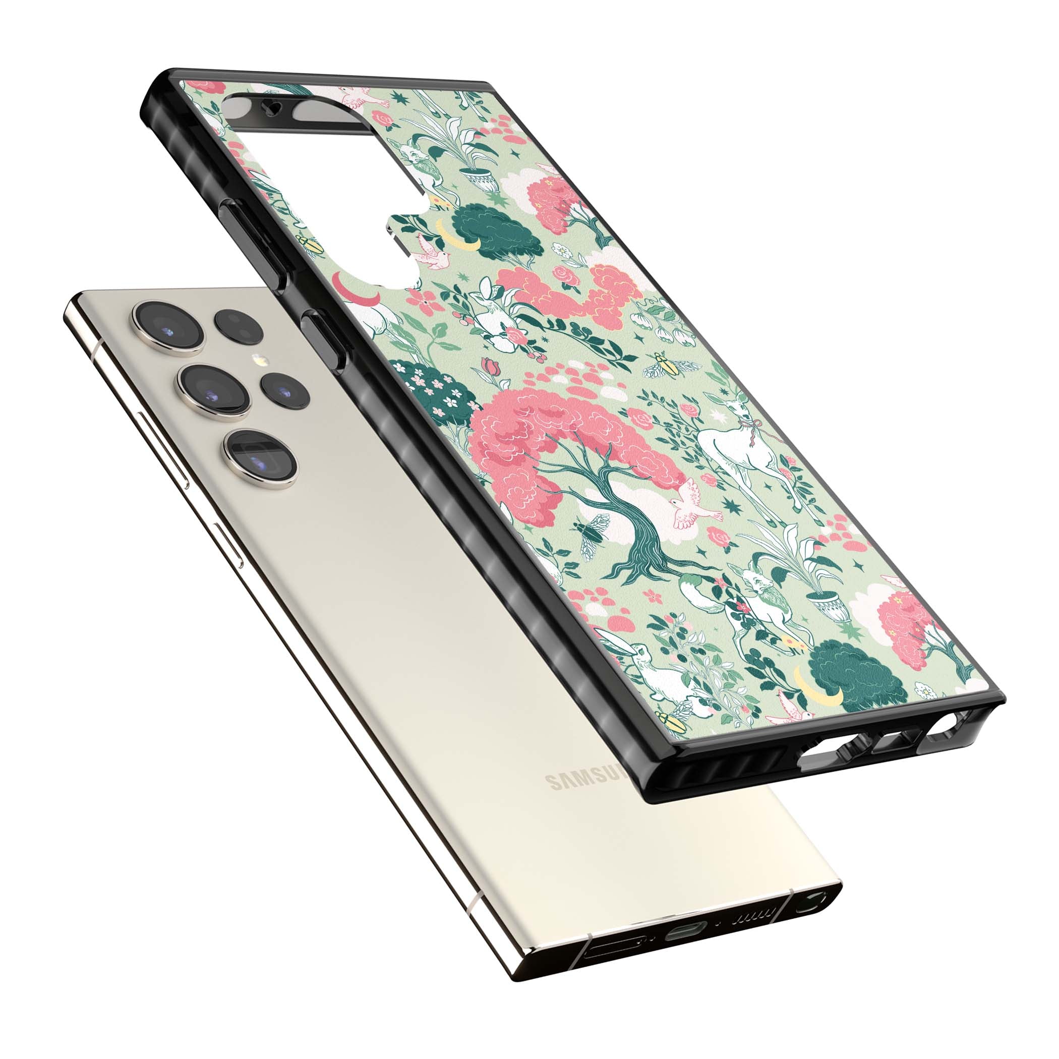 Enchanted Woodland cottagecore iPhone case featuring white deer, pink roses, mushrooms and woodland animals on sage green | Black Impact case for Samsung Galaxy S24 Ultra, Samsung Galaxy S23 Ultra, Samsung Galaxy S22 Ultra