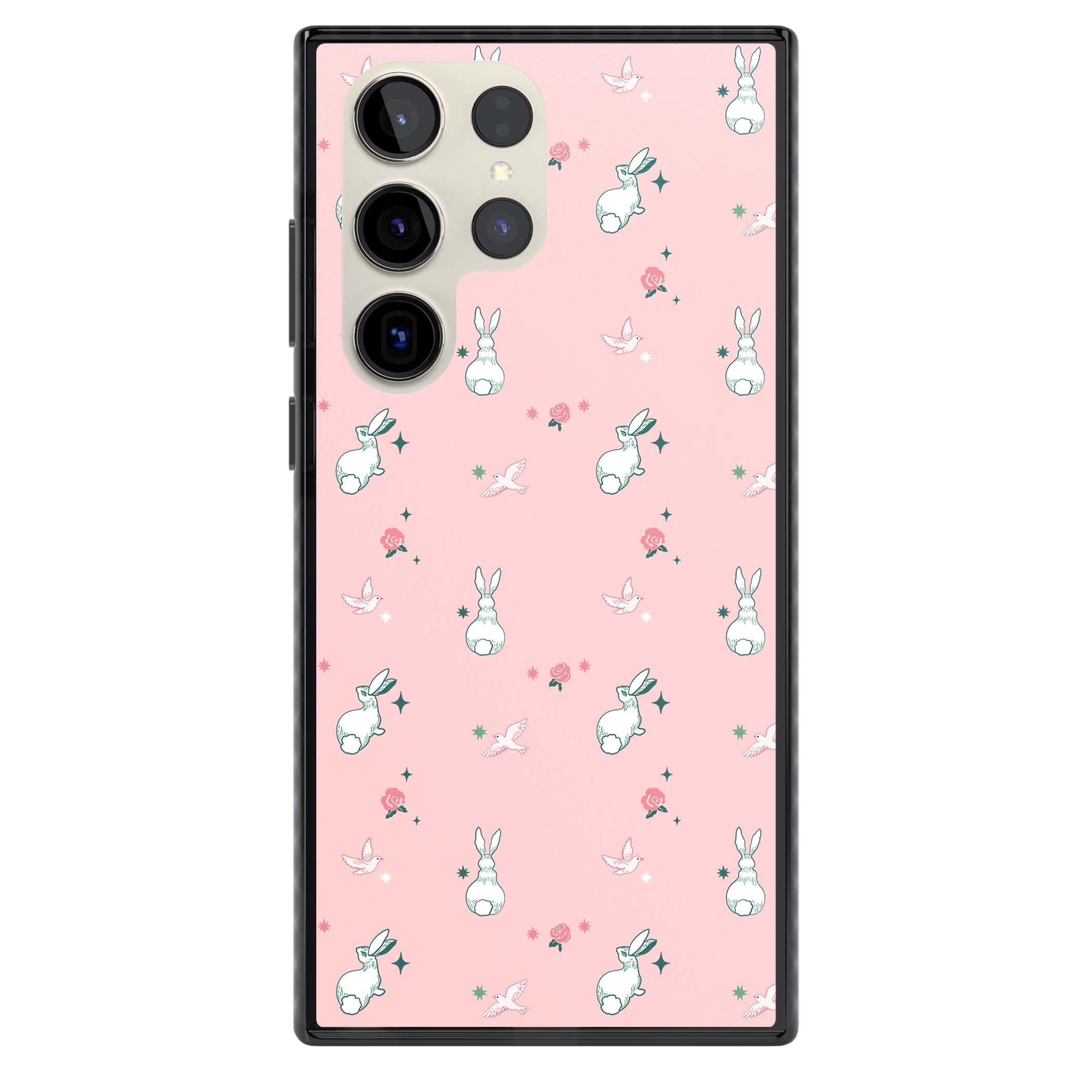 Bunny Garden kawaii iPhone case featuring white rabbits, pink roses, doves and stars on pink background | Black Impact case for Samsung Galaxy S24 Ultra, Samsung Galaxy S23 Ultra, Samsung Galaxy S22 Ultra