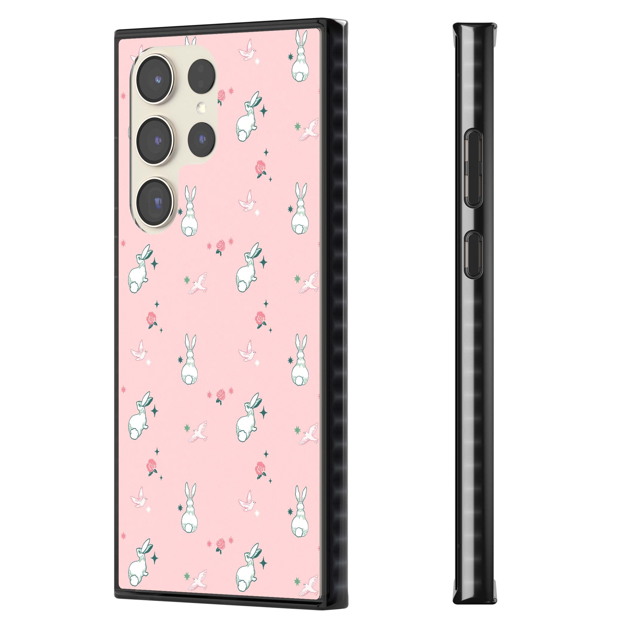 Bunny Garden kawaii iPhone case featuring white rabbits, pink roses, doves and stars on pink background | Black Impact case for Samsung Galaxy S24 Ultra, Samsung Galaxy S23 Ultra, Samsung Galaxy S22 Ultra