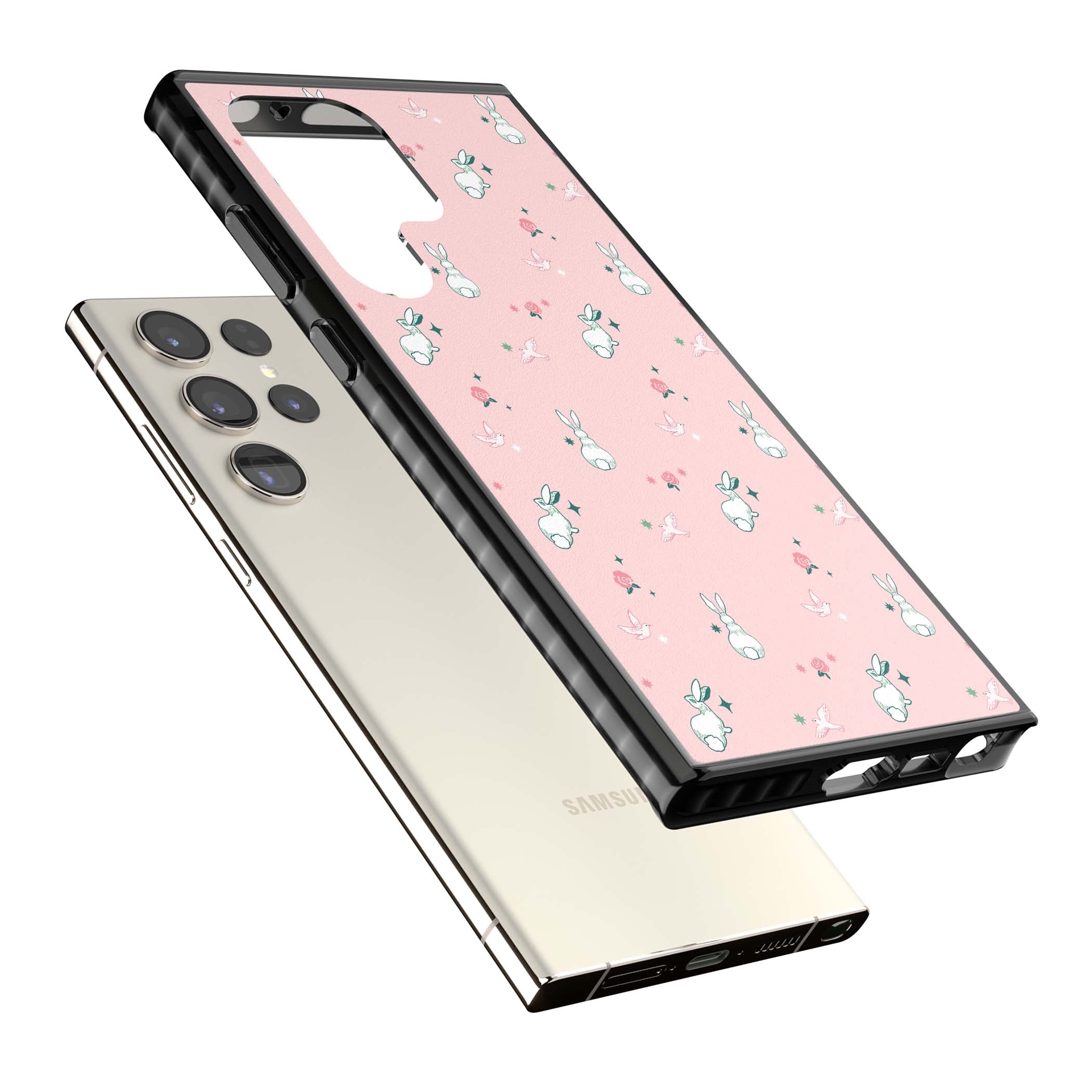 Bunny Garden kawaii iPhone case featuring white rabbits, pink roses, doves and stars on pink background | Black Impact case for Samsung Galaxy S24 Ultra, Samsung Galaxy S23 Ultra, Samsung Galaxy S22 Ultra