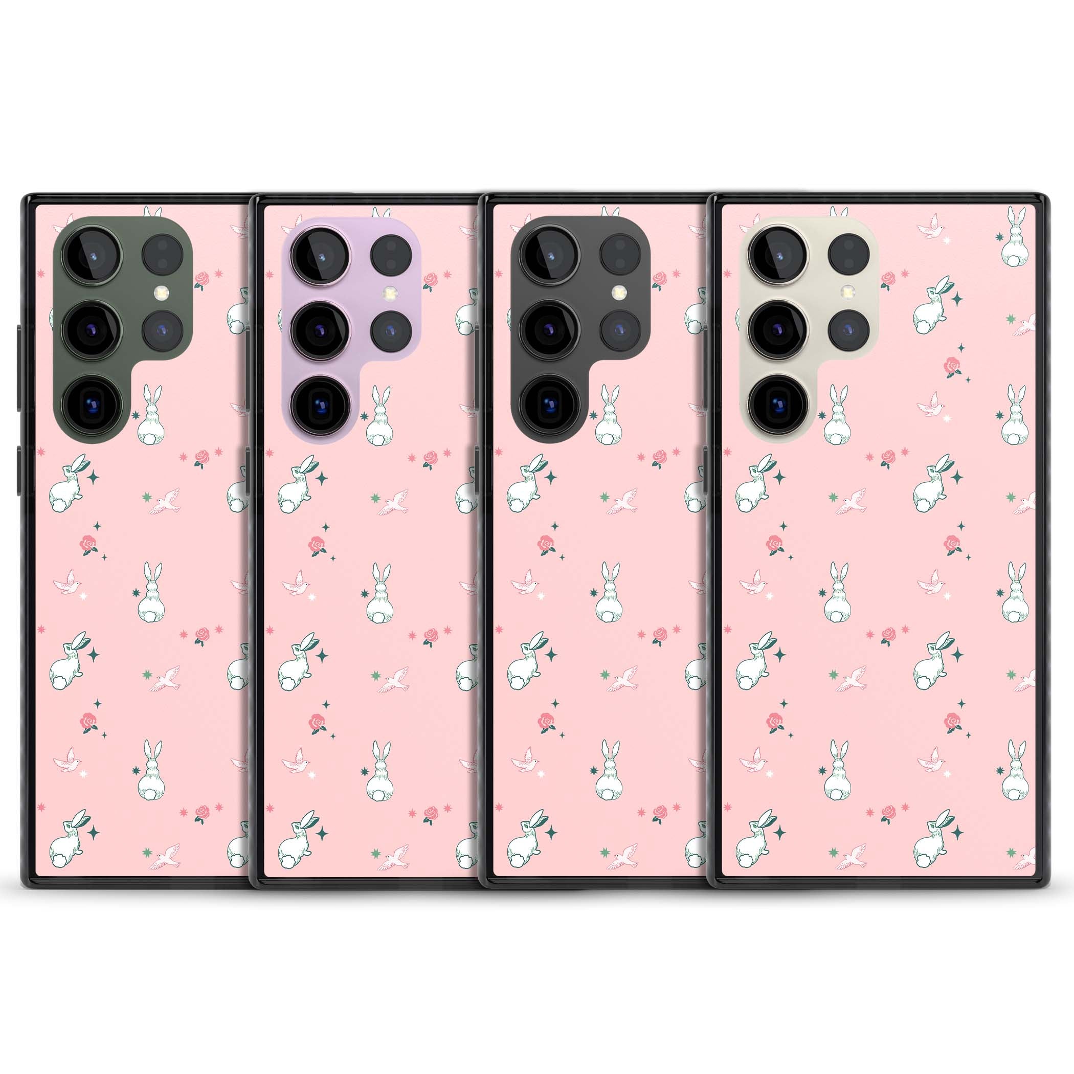 Bunny Garden kawaii iPhone case featuring white rabbits, pink roses, doves and stars on pink background | Black Impact case for Samsung Galaxy S24 Ultra, Samsung Galaxy S23 Ultra, Samsung Galaxy S22 Ultra