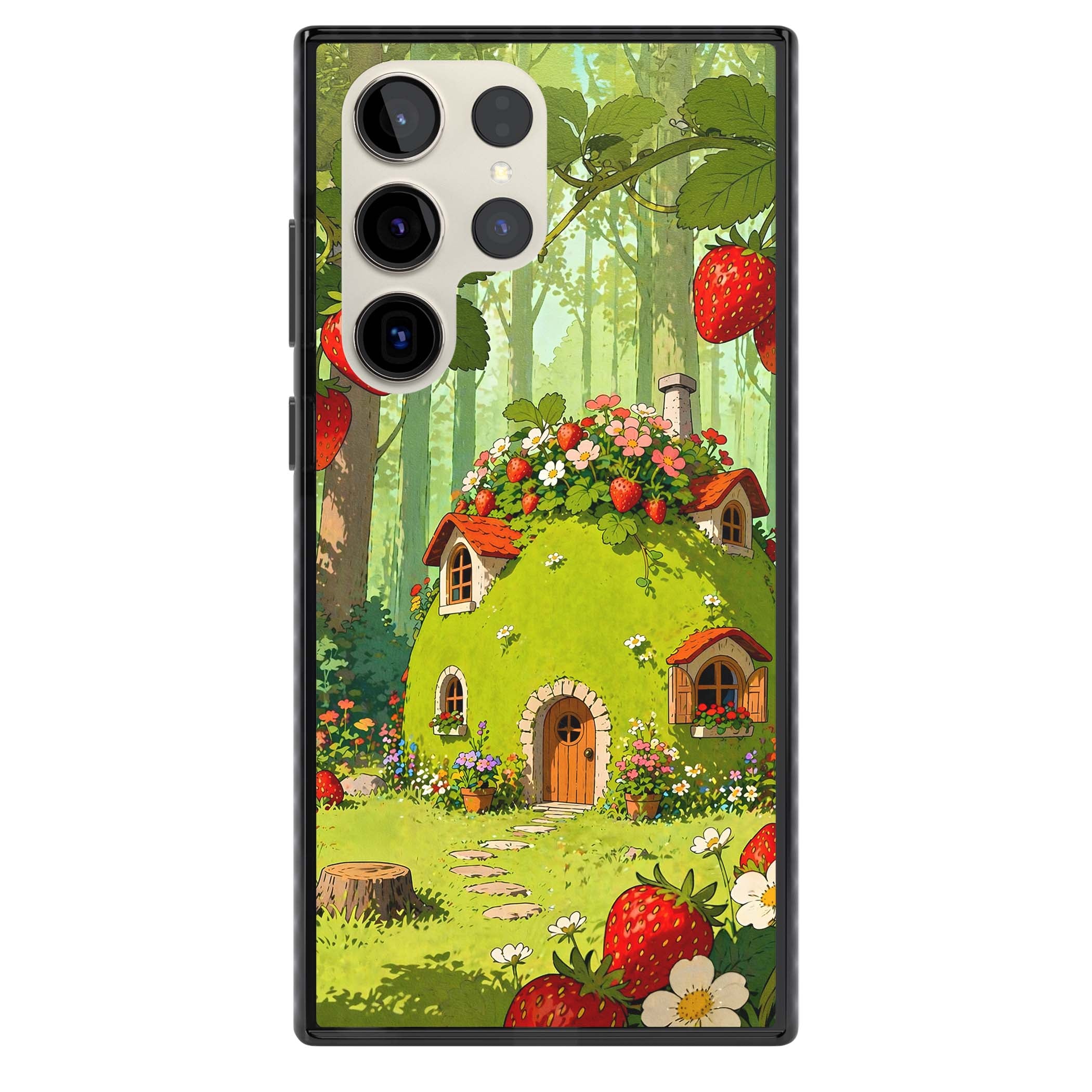 Strawberry Cottage cottagecore iPhone case featuring a green fairy house, wild strawberries and enchanted forest flowers | Black Impact case for Samsung Galaxy S24 Ultra, Samsung Galaxy S23 Ultra, Samsung Galaxy S22 Ultra