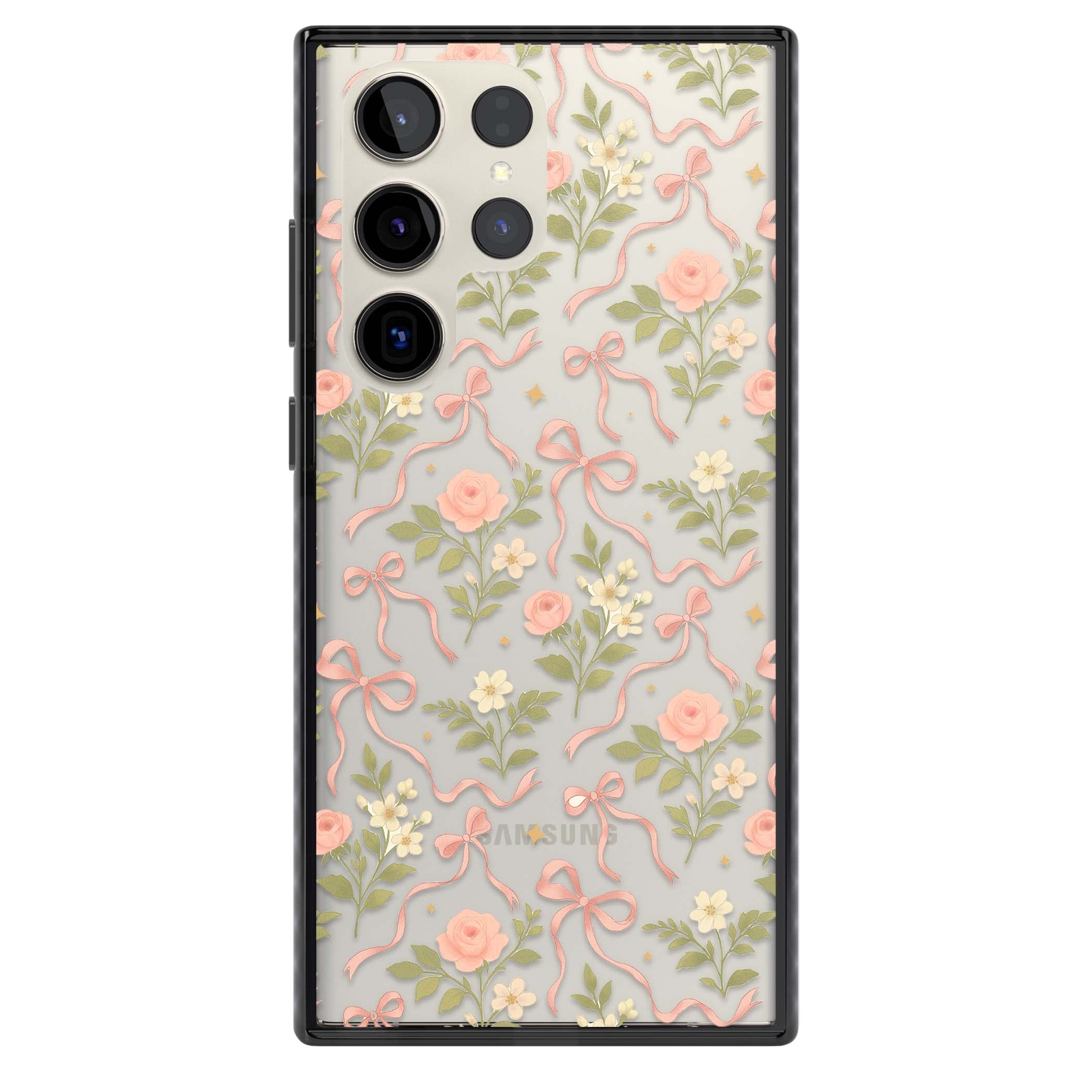 Ribbon Garden coquette iPhone case featuring pink bows, peach roses and wildflowers on white background | Black Impact case for Samsung Galaxy S24 Ultra, Samsung Galaxy S23 Ultra, Samsung Galaxy S22 Ultra