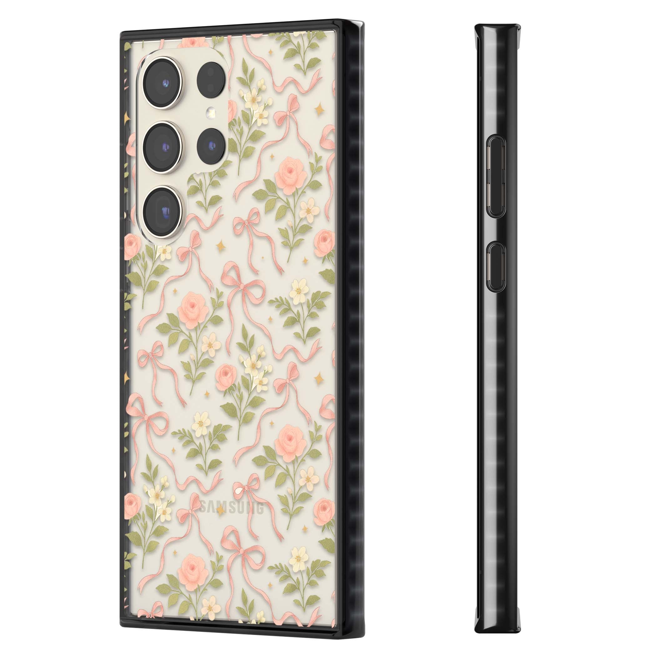 Ribbon Garden coquette iPhone case featuring pink bows, peach roses and wildflowers on white background | Black Impact case for Samsung Galaxy S24 Ultra, Samsung Galaxy S23 Ultra, Samsung Galaxy S22 Ultra