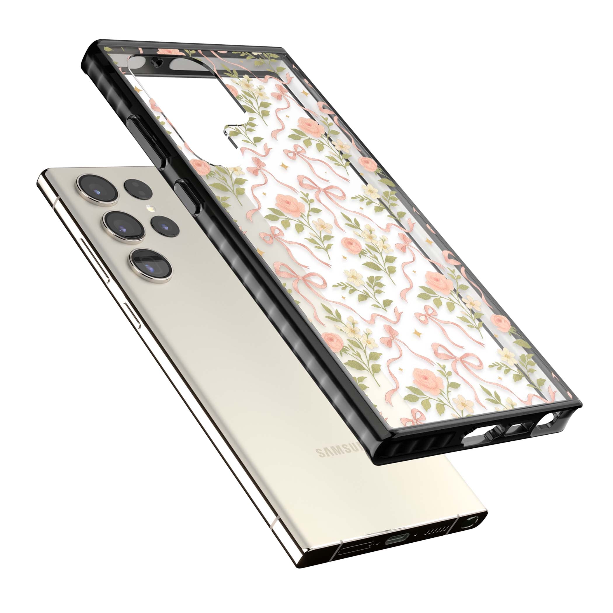 Ribbon Garden coquette iPhone case featuring pink bows, peach roses and wildflowers on white background | Black Impact case for Samsung Galaxy S24 Ultra, Samsung Galaxy S23 Ultra, Samsung Galaxy S22 Ultra