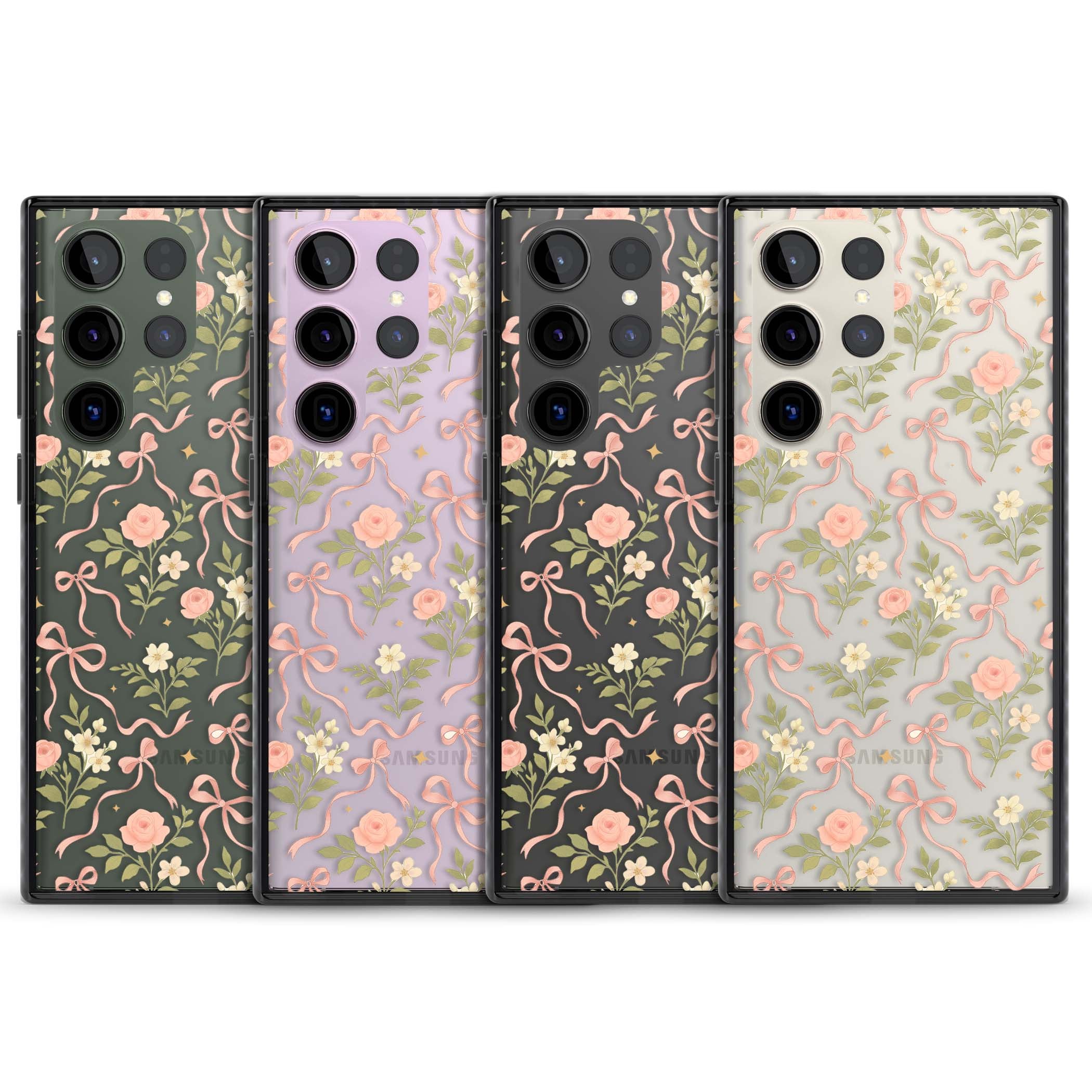 Ribbon Garden coquette iPhone case featuring pink bows, peach roses and wildflowers on white background | Black Impact case for Samsung Galaxy S24 Ultra, Samsung Galaxy S23 Ultra, Samsung Galaxy S22 Ultra