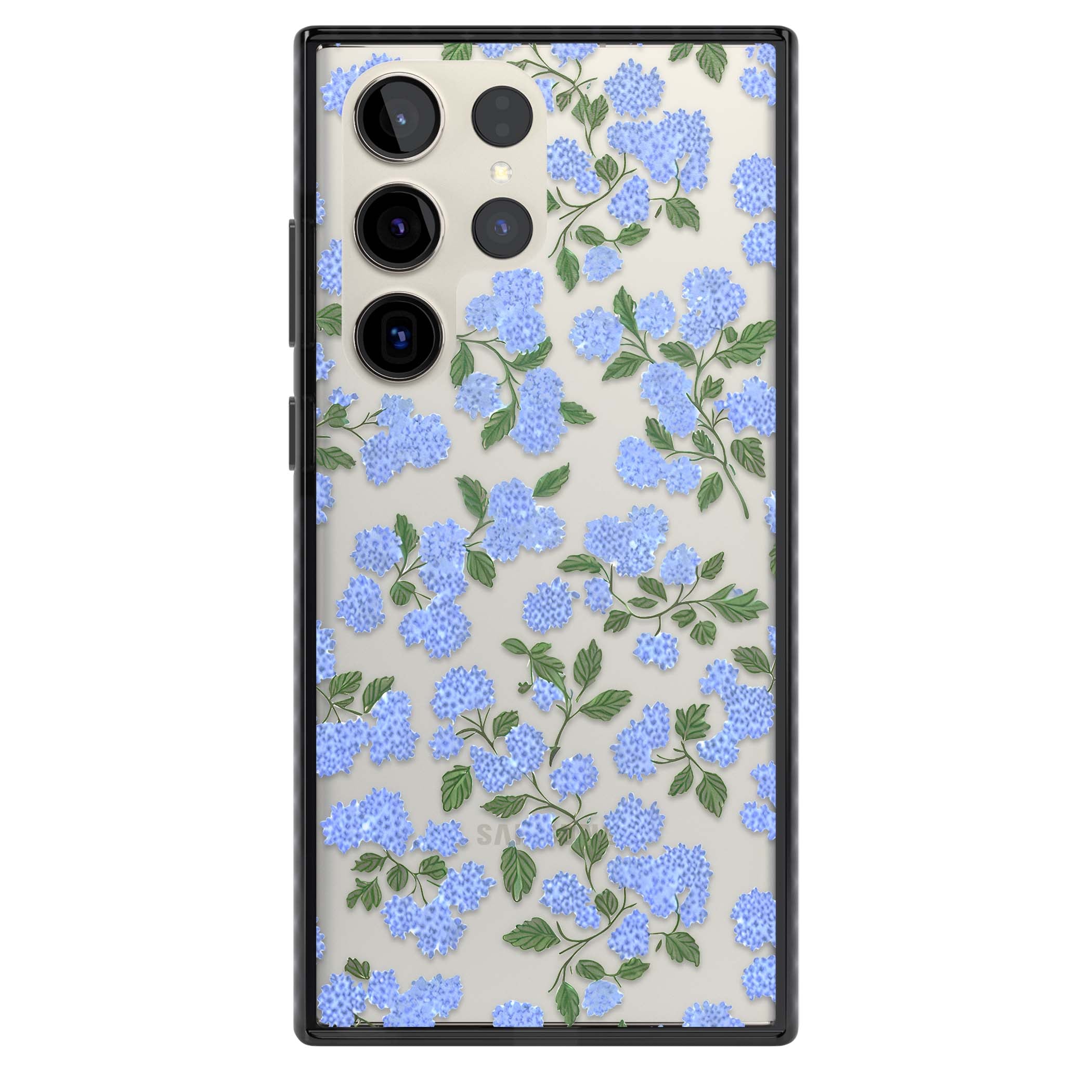 Hydrangea Dreams cottagecore iPhone case featuring soft blue hydrangea flower clusters and green leaves | Black Impact case for Samsung Galaxy S24 Ultra, Samsung Galaxy S23 Ultra, Samsung Galaxy S22 Ultra