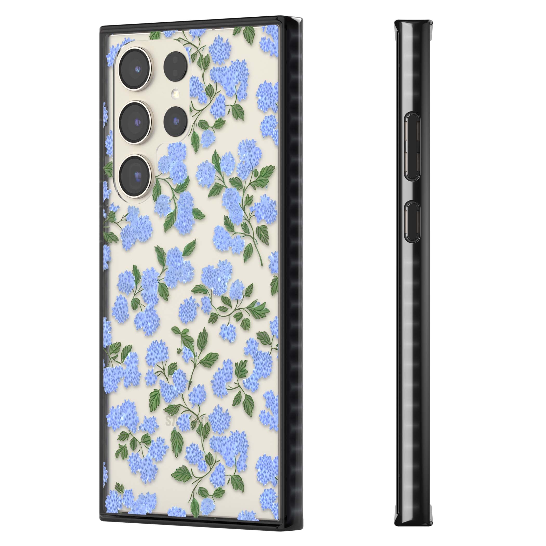 Hydrangea Dreams cottagecore iPhone case featuring soft blue hydrangea flower clusters and green leaves | Black Impact case for Samsung Galaxy S24 Ultra, Samsung Galaxy S23 Ultra, Samsung Galaxy S22 Ultra