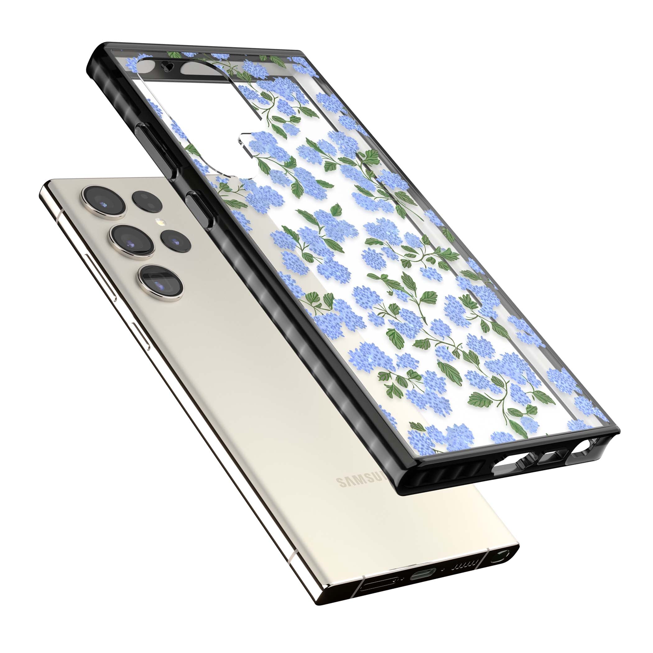 Hydrangea Dreams cottagecore iPhone case featuring soft blue hydrangea flower clusters and green leaves | Black Impact case for Samsung Galaxy S24 Ultra, Samsung Galaxy S23 Ultra, Samsung Galaxy S22 Ultra