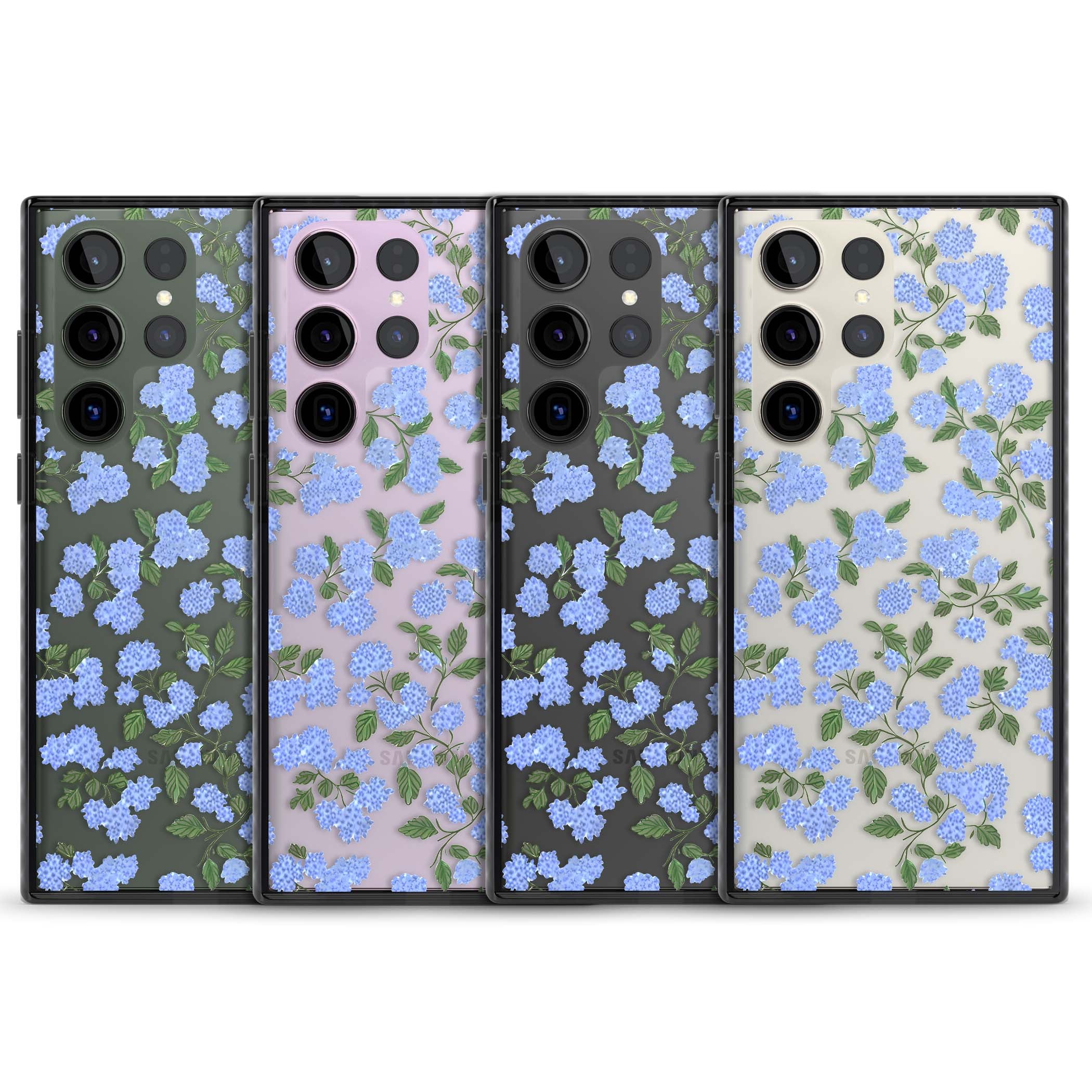 Hydrangea Dreams cottagecore iPhone case featuring soft blue hydrangea flower clusters and green leaves | Black Impact case for Samsung Galaxy S24 Ultra, Samsung Galaxy S23 Ultra, Samsung Galaxy S22 Ultra