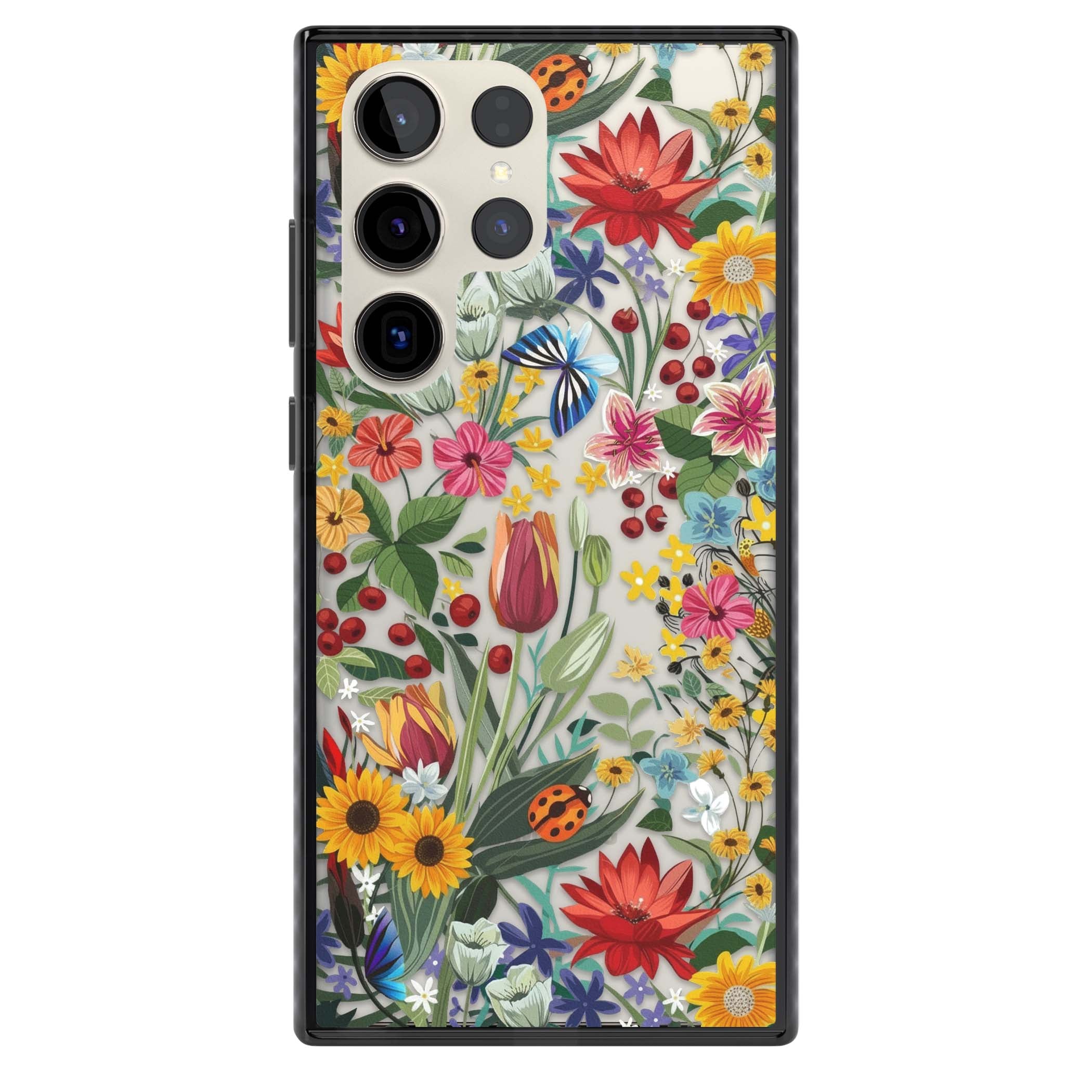 Botanical Bloom cottagecore iPhone case featuring colorful wildflowers, sunflowers, and ladybugs on clear background | Black Impact case for Samsung Galaxy S24 Ultra, Samsung Galaxy S23 Ultra, Samsung Galaxy S22 Ultra