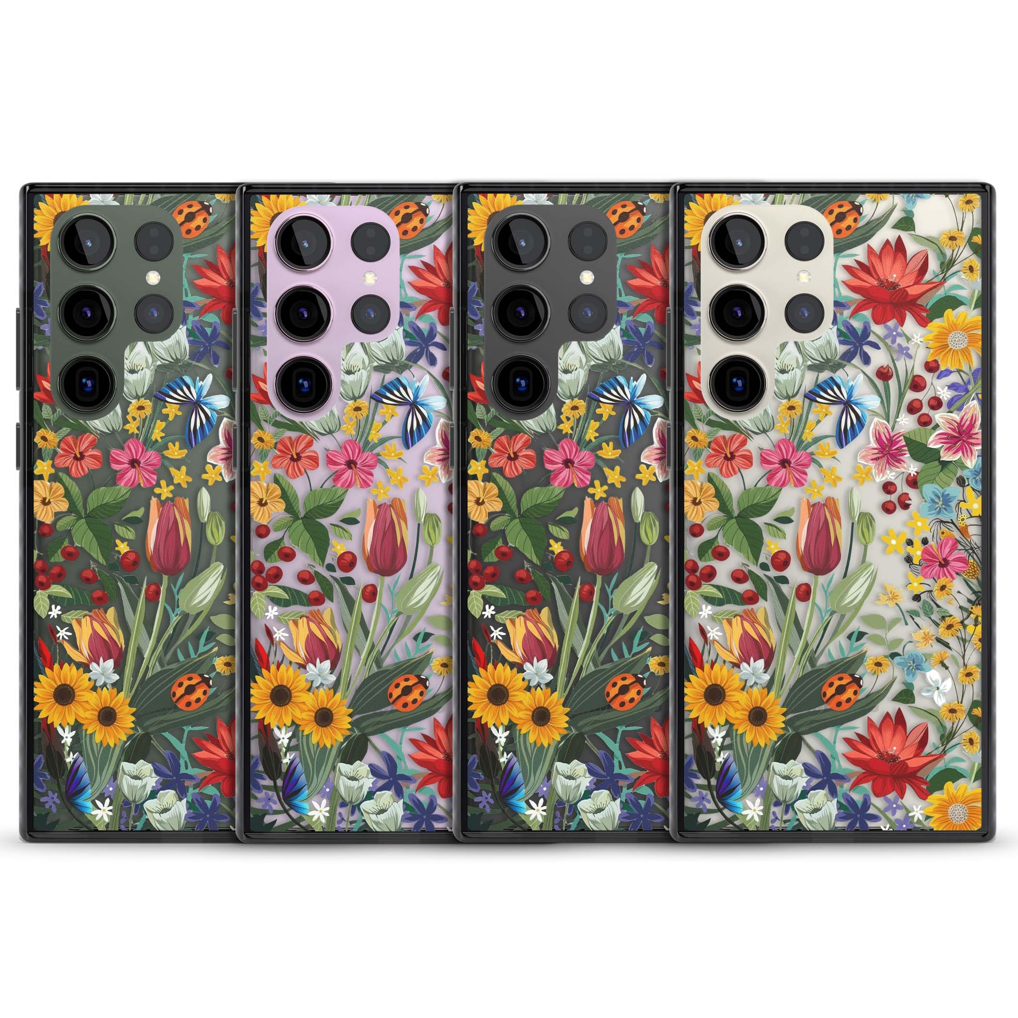 Botanical Bloom cottagecore iPhone case featuring colorful wildflowers, sunflowers, and ladybugs on clear background | Black Impact case for Samsung Galaxy S24 Ultra, Samsung Galaxy S23 Ultra, Samsung Galaxy S22 Ultra