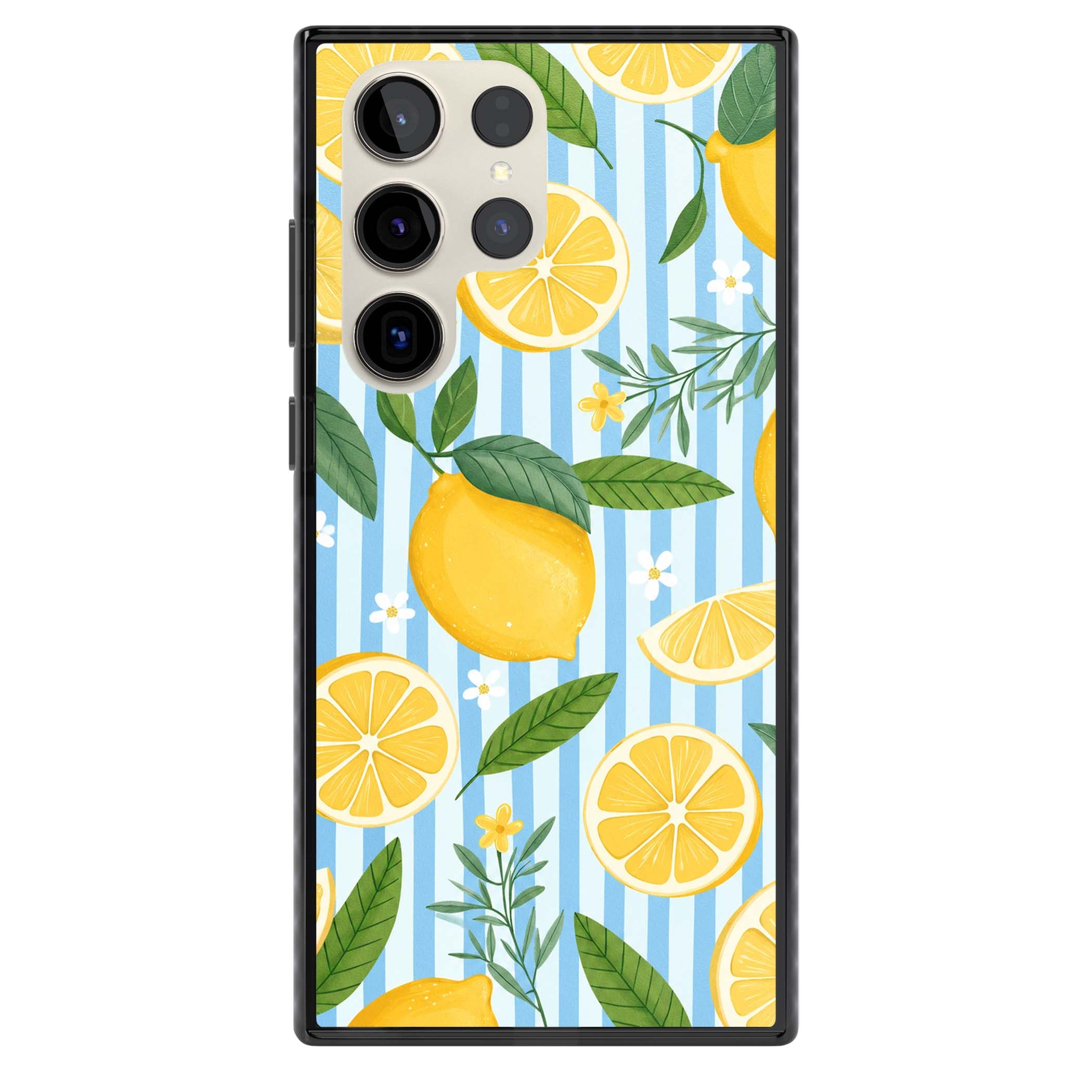 Capri Citrus Stripe coastal iPhone case featuring yellow lemons, blue stripes, and white daisy blossoms | Black Impact case for Samsung Galaxy S24 Ultra, Samsung Galaxy S23 Ultra, Samsung Galaxy S22 Ultra