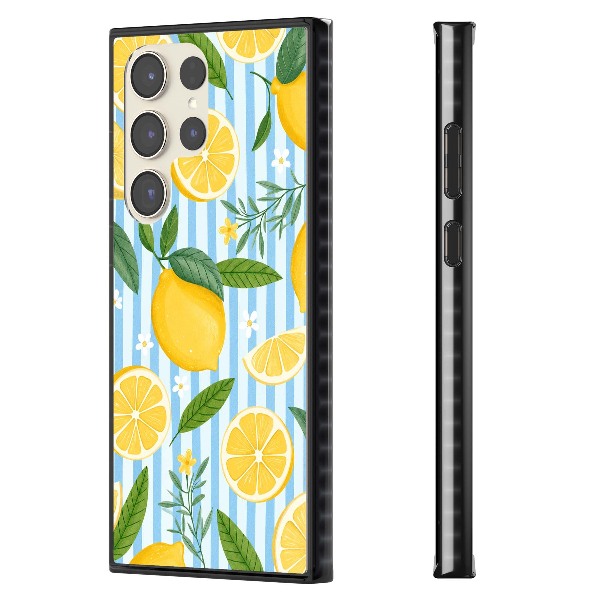 Capri Citrus Stripe coastal iPhone case featuring yellow lemons, blue stripes, and white daisy blossoms | Black Impact case for Samsung Galaxy S24 Ultra, Samsung Galaxy S23 Ultra, Samsung Galaxy S22 Ultra