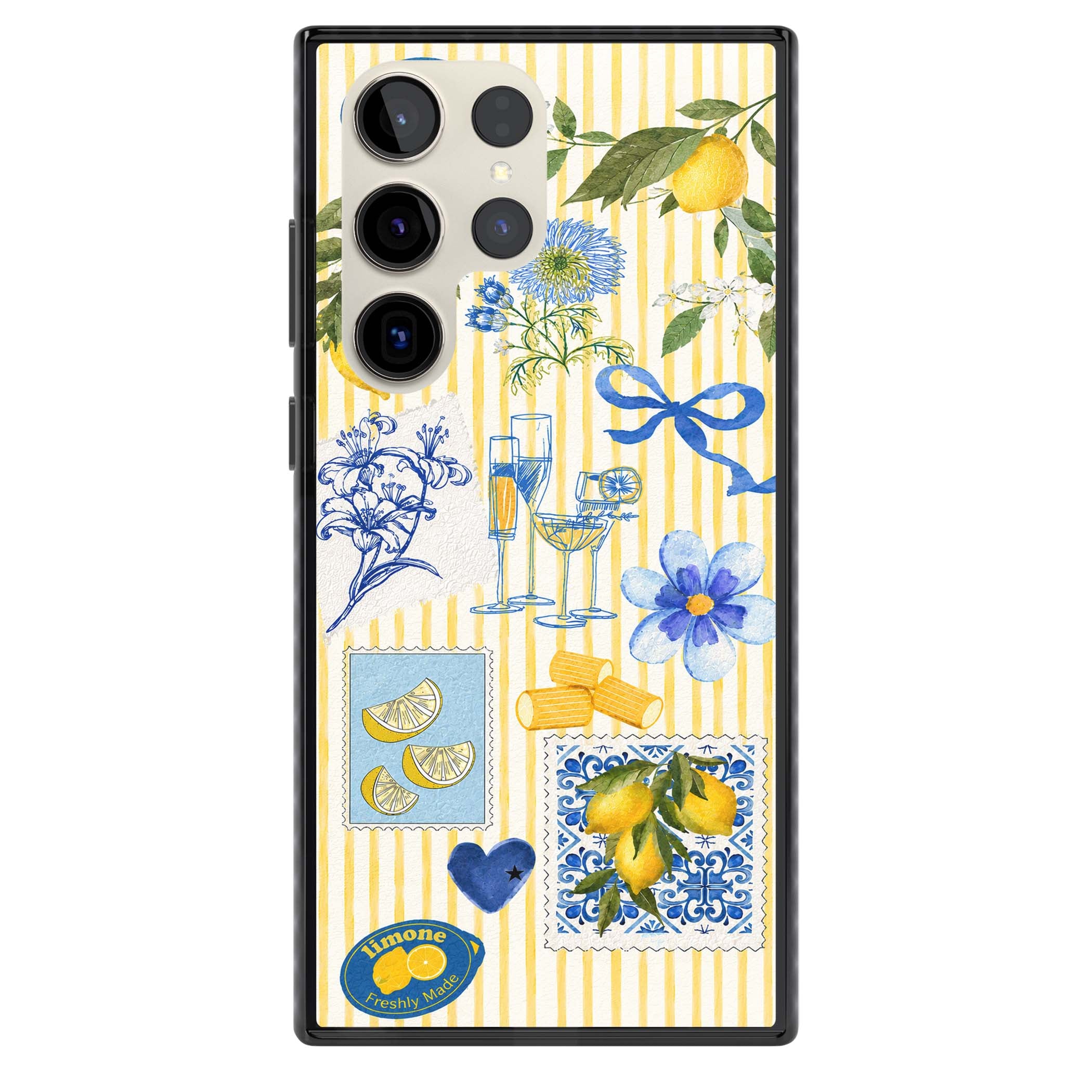 Limone Riviera Italian summer iPhone case featuring watercolour lemons, blue ribbon bows and majolica tile stamps on... | Black Impact case for Samsung Galaxy S24 Ultra, Samsung Galaxy S23 Ultra, Samsung Galaxy S22 Ultra