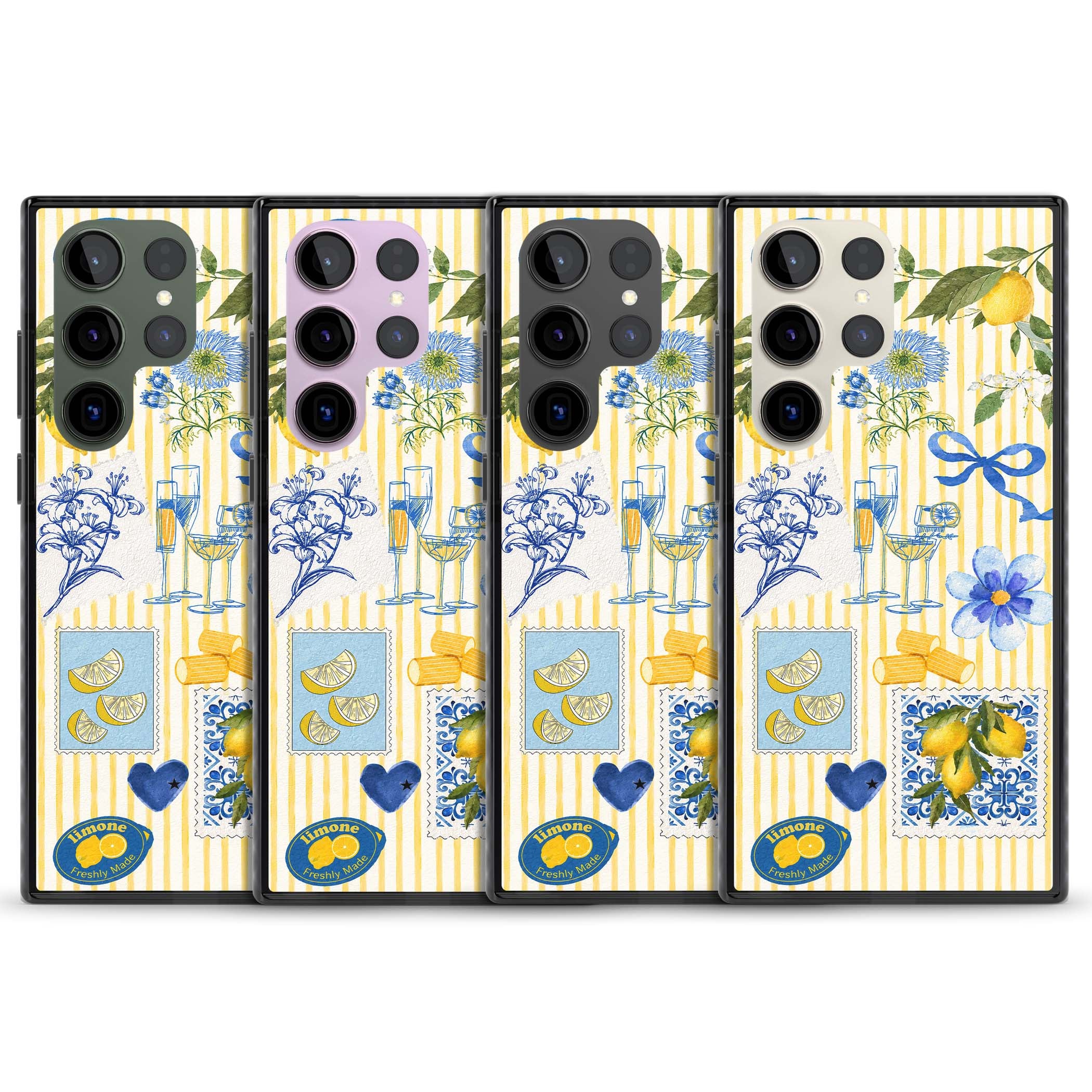 Limone Riviera Italian summer iPhone case featuring watercolour lemons, blue ribbon bows and majolica tile stamps on... | Black Impact case for Samsung Galaxy S24 Ultra, Samsung Galaxy S23 Ultra, Samsung Galaxy S22 Ultra