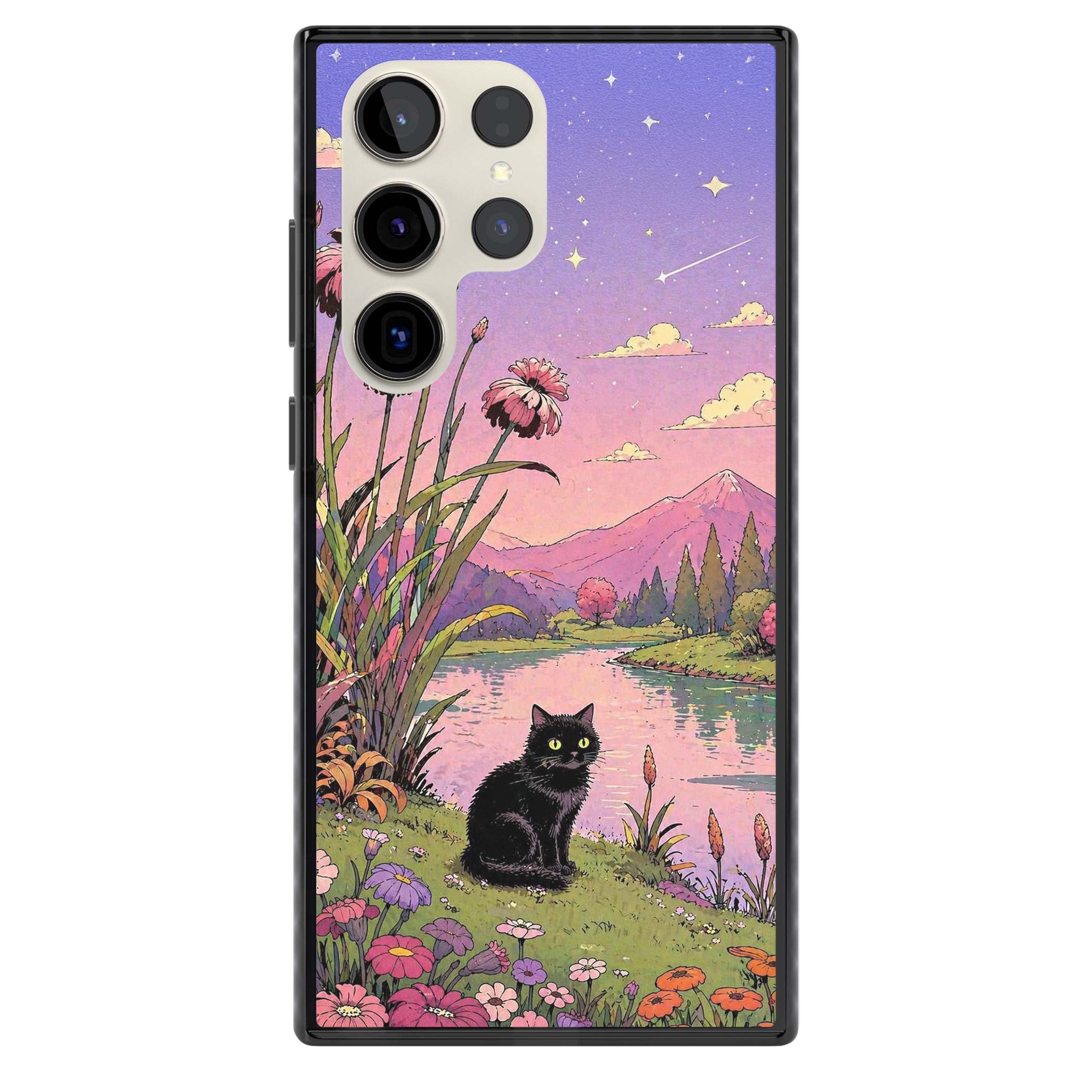 Mystic Whiskers ghibli iPhone case featuring a black cat by a pastel lake, wildflowers and a starry sunset sky | Black Impact case for Samsung Galaxy S24 Ultra, Samsung Galaxy S23 Ultra, Samsung Galaxy S22 Ultra