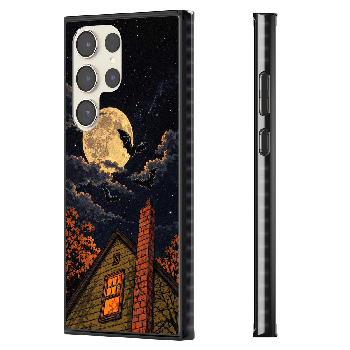 Hollows Eve Halloween iPhone case featuring a haunted house, full moon and flying bats against a starry autumn sky | Black Impact case for Samsung Galaxy S24 Ultra, Samsung Galaxy S23 Ultra, Samsung Galaxy S22 Ultra