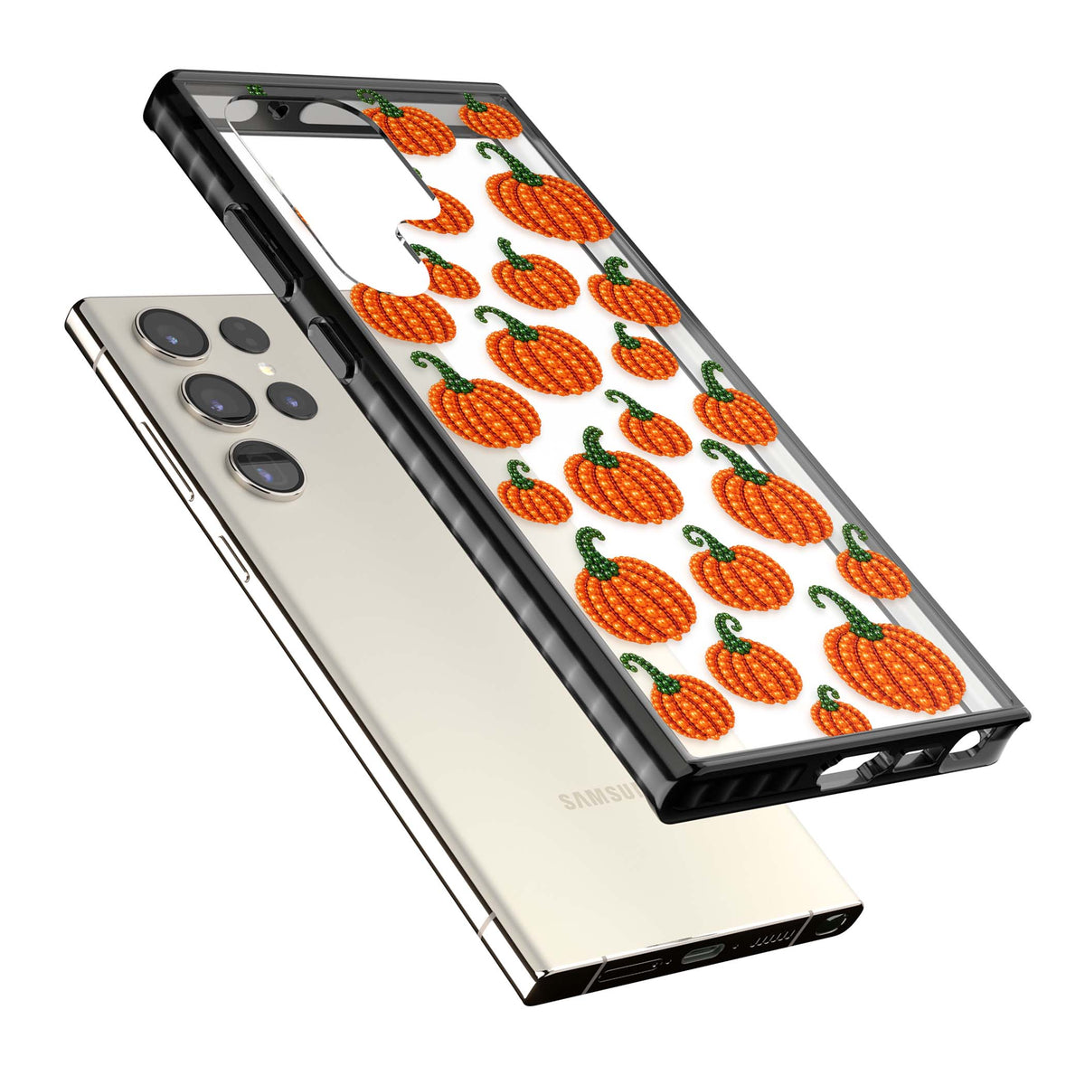 Beaded Pumpkins halloween iPhone case featuring beaded orange pumpkins with green stems on a clear background | Black Impact case for Samsung Galaxy S24 Ultra, Samsung Galaxy S23 Ultra, Samsung Galaxy S22 Ultra