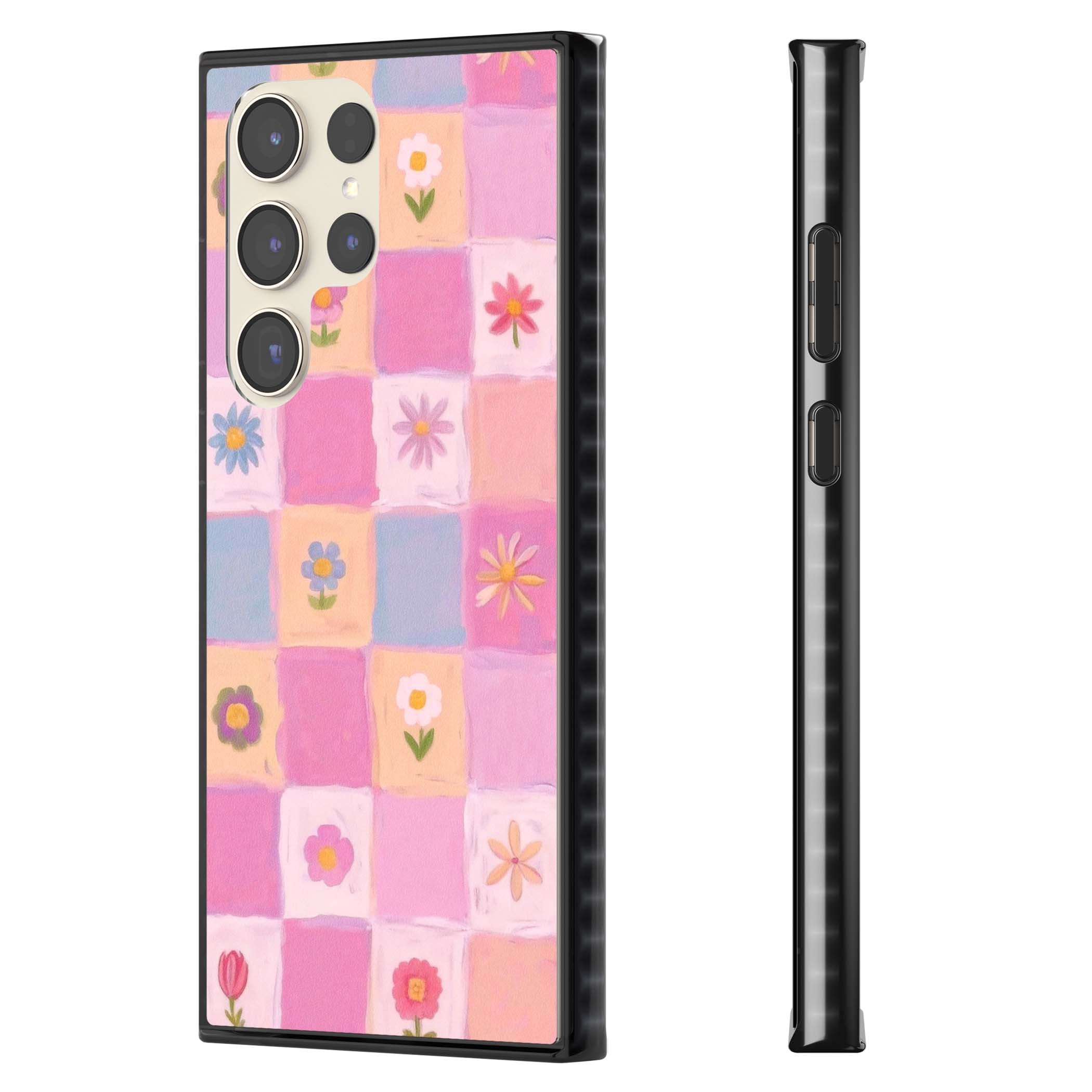 Pastel Flower Patchwork cottagecore iPhone case featuring painted pink and lilac squares with daisies and wildflowers | Black Impact case for Samsung Galaxy S24 Ultra, Samsung Galaxy S23 Ultra, Samsung Galaxy S22 Ultra