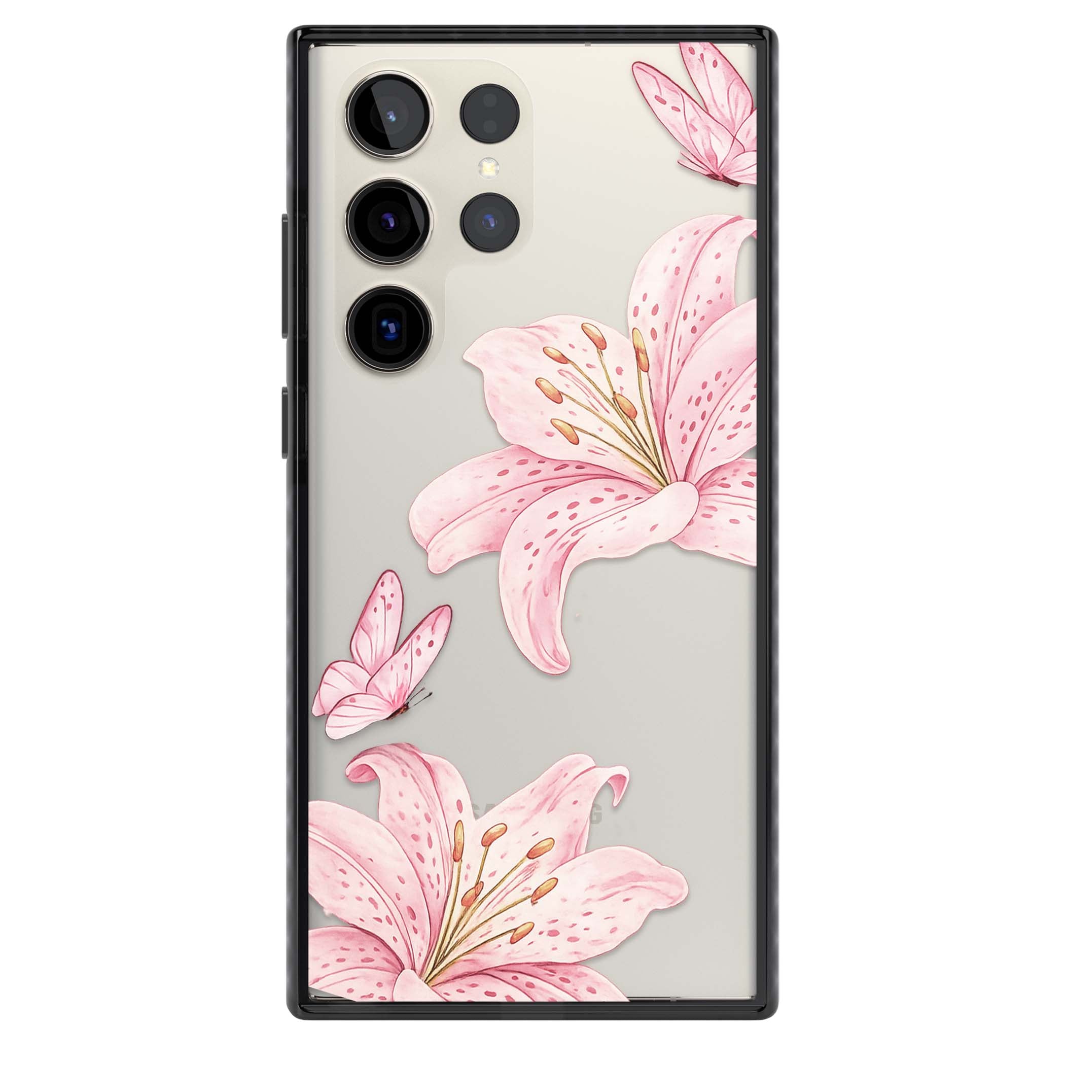Lily Whisper floral iPhone case featuring pink watercolour lilies and delicate butterflies on a clear background | Black Impact case for Samsung Galaxy S24 Ultra, Samsung Galaxy S23 Ultra, Samsung Galaxy S22 Ultra