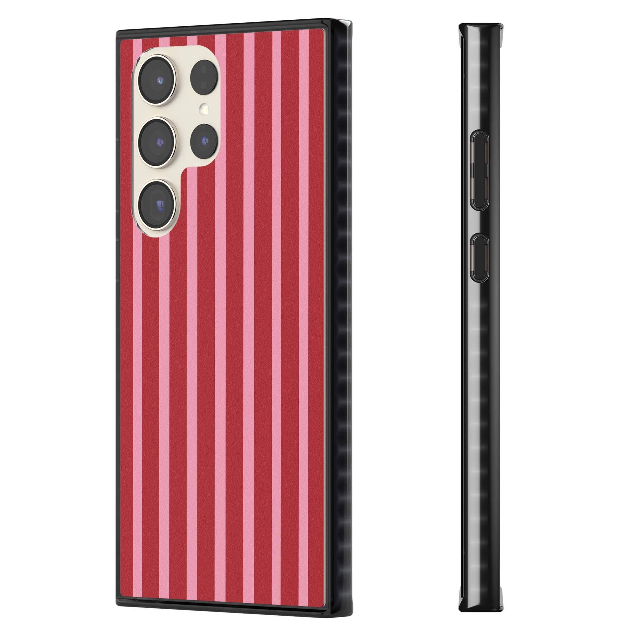 Raspberry Stripe coquette iPhone case featuring red and pink vertical stripes in a candy-inspired pattern | Black Impact case for Samsung Galaxy S24 Ultra, Samsung Galaxy S23 Ultra, Samsung Galaxy S22 Ultra