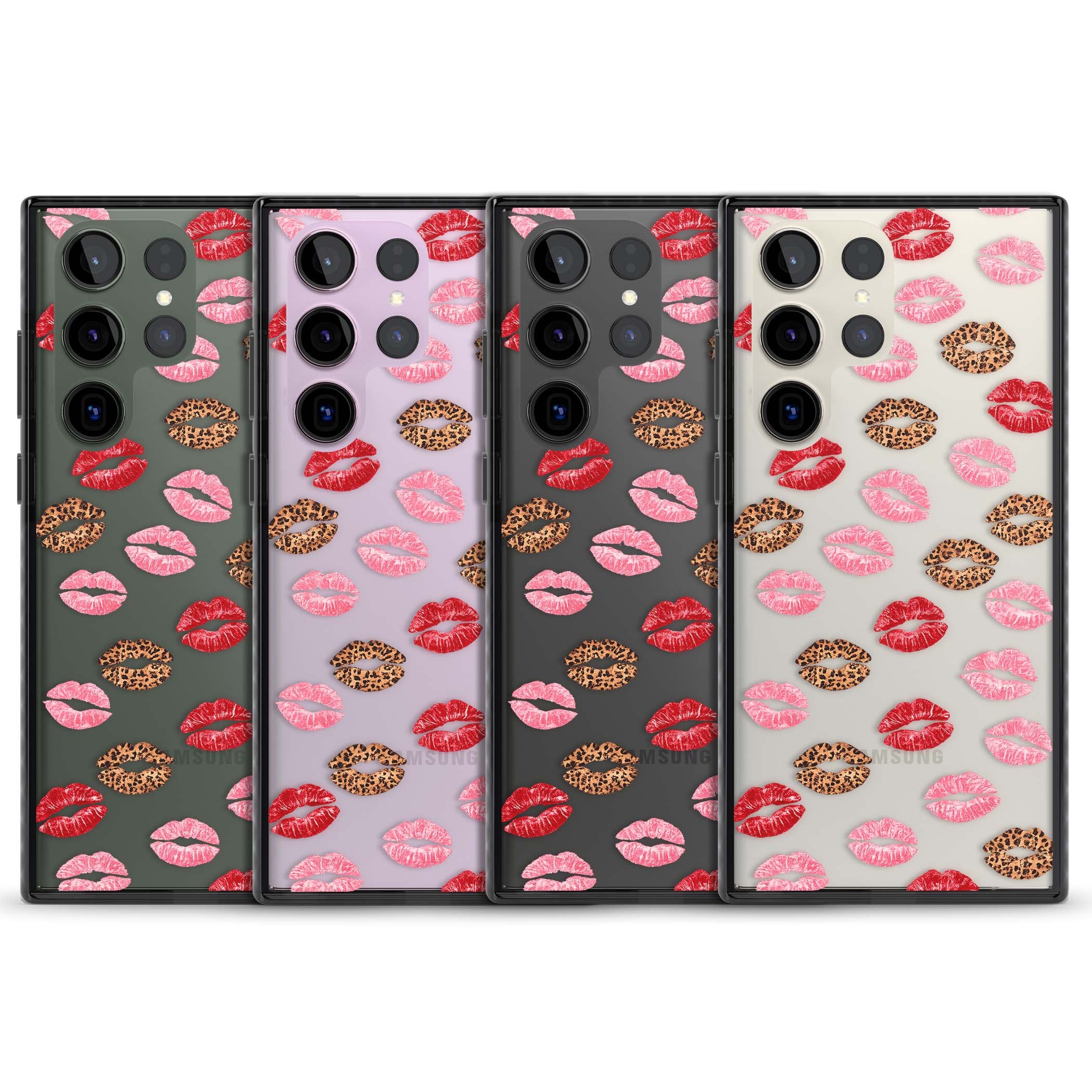 Wild Kisses coquette iPhone case featuring red, pink and leopard print lipstick kiss marks on a clear background | Black Impact case for Samsung Galaxy S24 Ultra, Samsung Galaxy S23 Ultra, Samsung Galaxy S22 Ultra