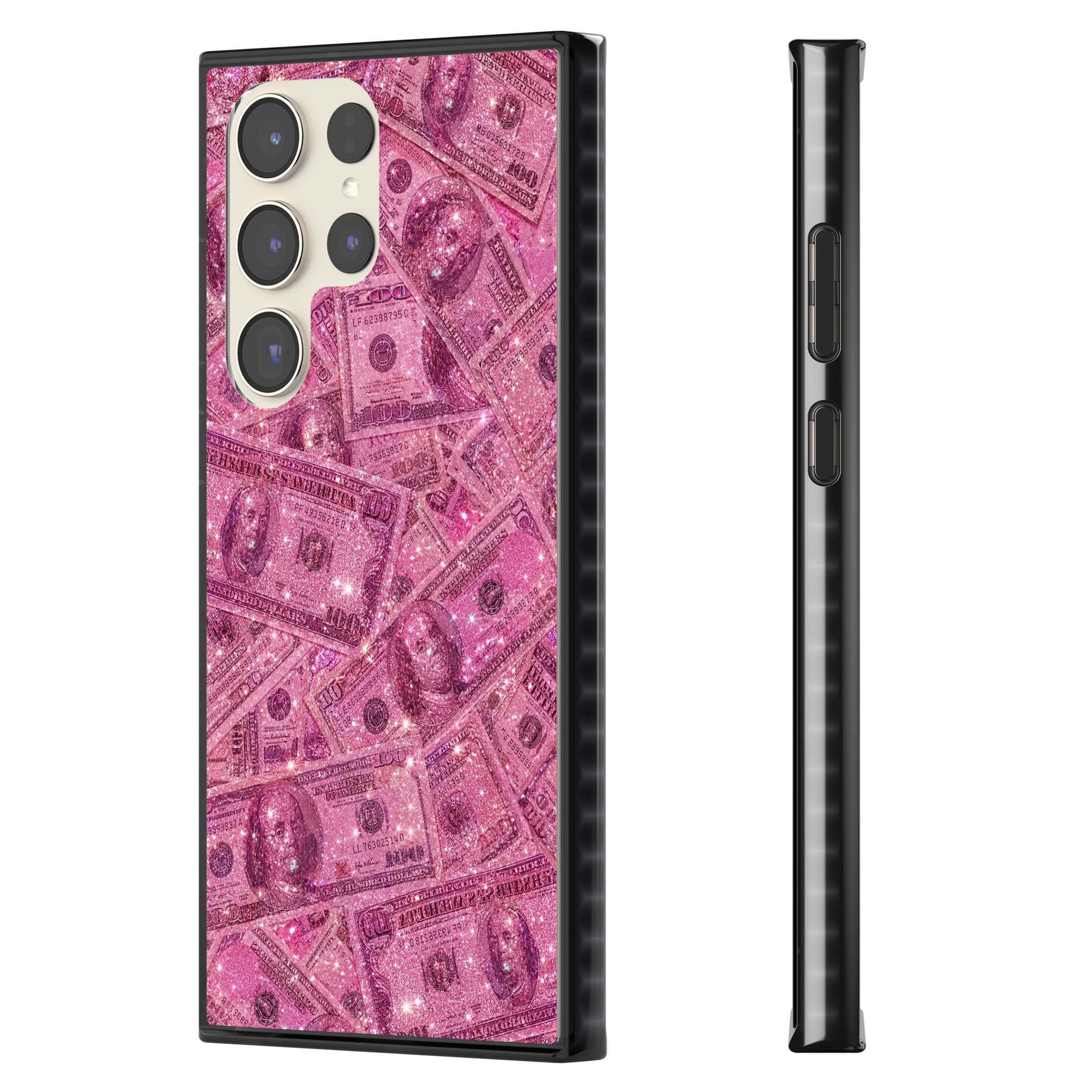 Glamorous baddie iPhone case featuring pink glitter hundred dollar bills and sparkling money wallpaper design | Black Impact case for Samsung Galaxy S24 Ultra, Samsung Galaxy S23 Ultra, Samsung Galaxy S22 Ultra