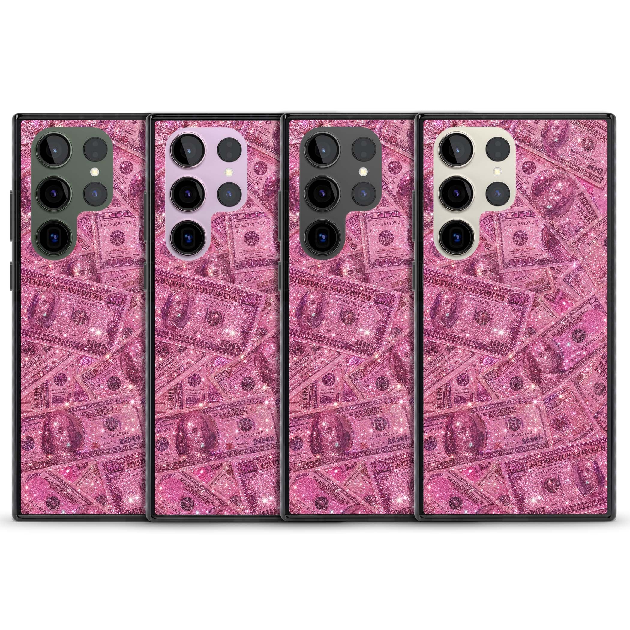 Glamorous baddie iPhone case featuring pink glitter hundred dollar bills and sparkling money wallpaper design | Black Impact case for Samsung Galaxy S24 Ultra, Samsung Galaxy S23 Ultra, Samsung Galaxy S22 Ultra