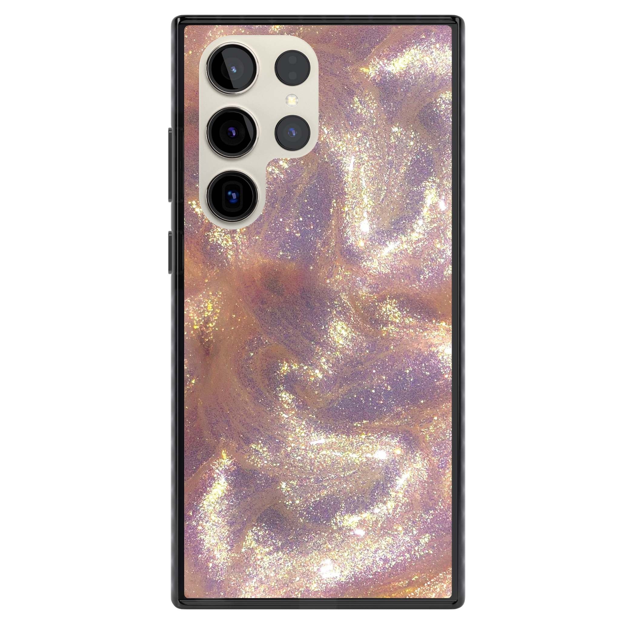 Shimmer marble iPhone case featuring rose gold glitter swirls, lilac shimmer and iridescent pearl finish | Black Impact case for Samsung Galaxy S24 Ultra, Samsung Galaxy S23 Ultra, Samsung Galaxy S22 Ultra