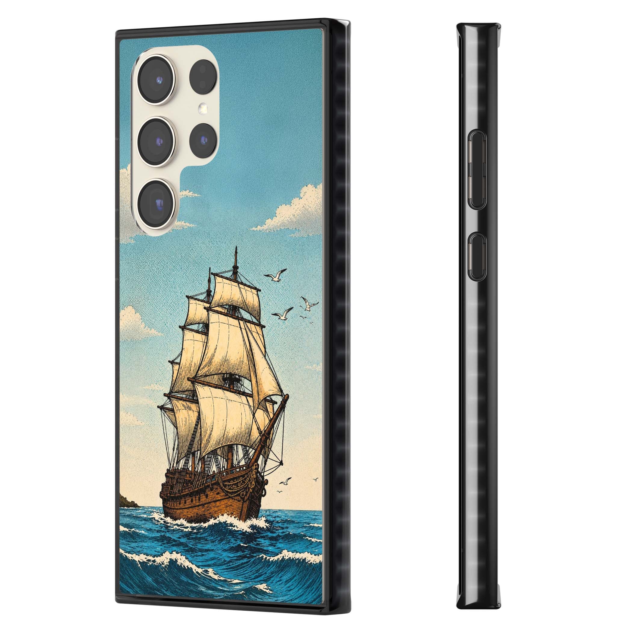 Ship at Sea nautical iPhone case featuring a vintage tall ship, ocean waves and seagulls | Black Impact case for Samsung Galaxy S24 Ultra, Samsung Galaxy S23 Ultra, Samsung Galaxy S22 Ultra