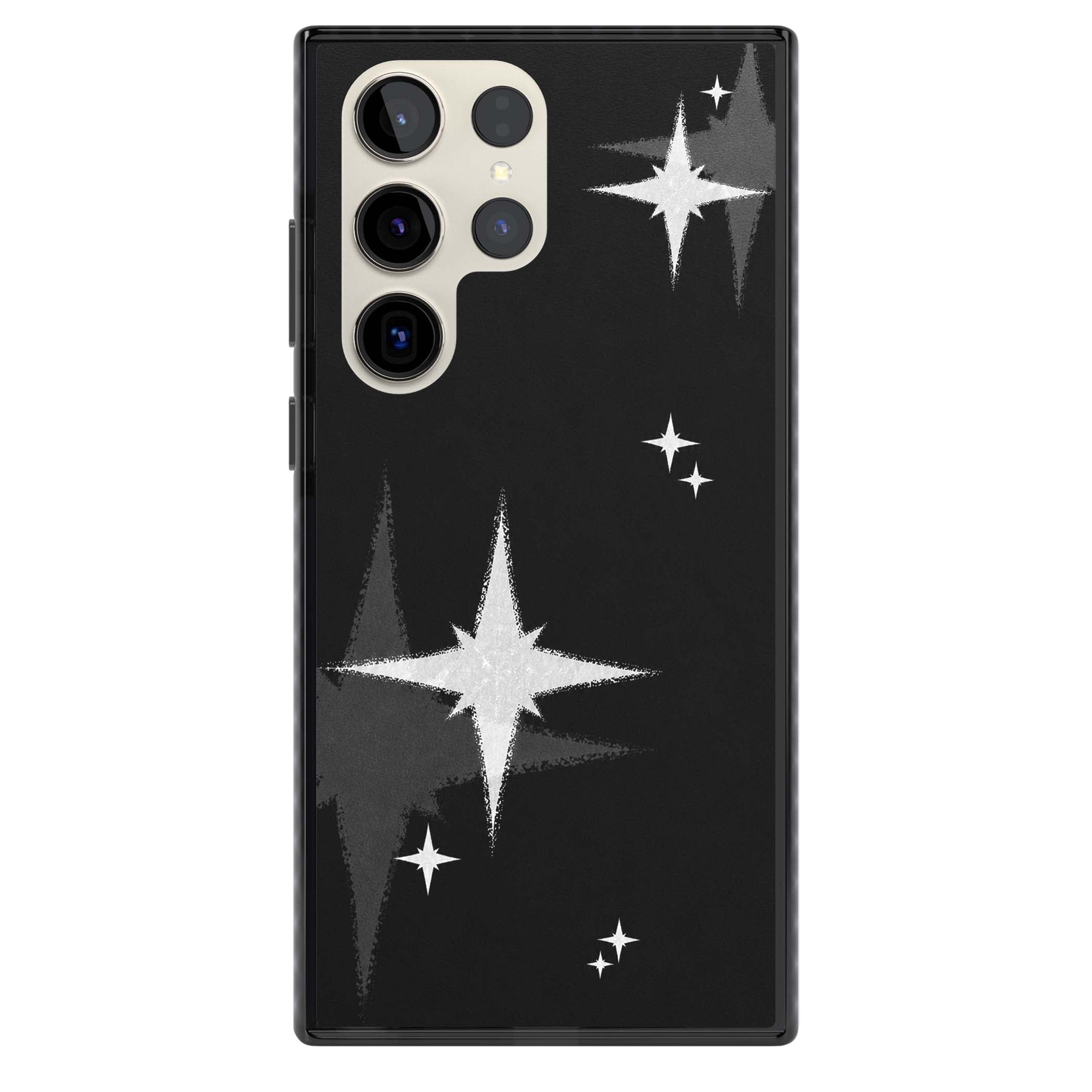 Black Sparkle celestial iPhone case featuring white sparkle stars on a black night sky background | Black Impact case for Samsung Galaxy S24 Ultra, Samsung Galaxy S23 Ultra, Samsung Galaxy S22 Ultra