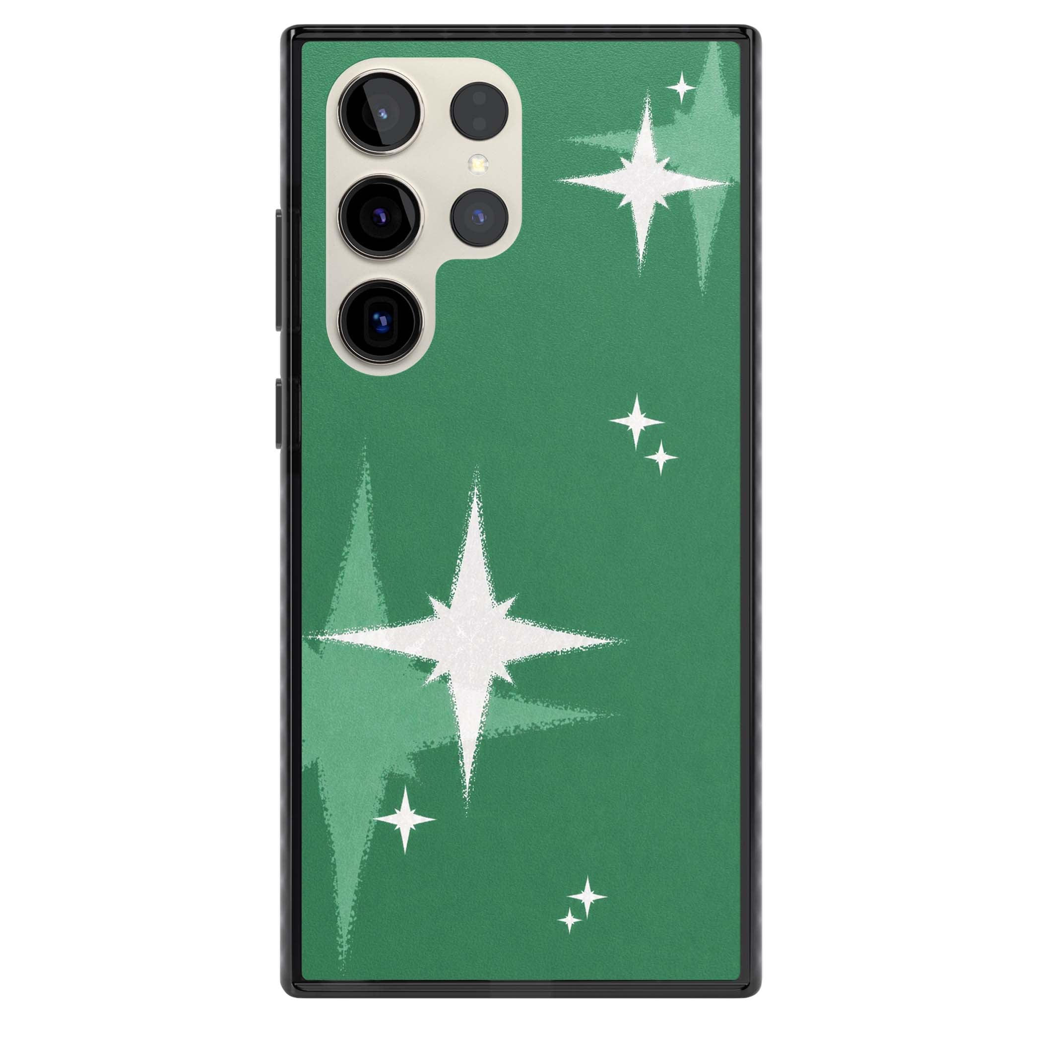 Green Sparkle celestial iPhone case featuring sparkling white four-point stars on a deep green background | Black Impact case for Samsung Galaxy S24 Ultra, Samsung Galaxy S23 Ultra, Samsung Galaxy S22 Ultra