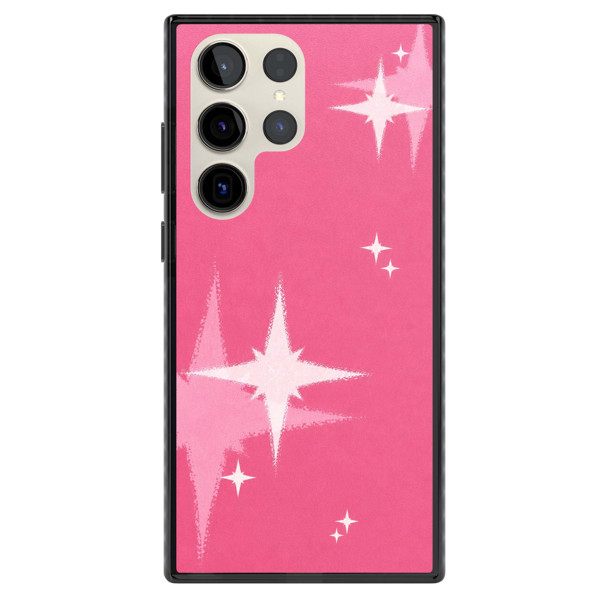 Pink Sparkle Y2K iPhone case featuring hot pink background with shimmering white starburst pattern | Black Impact case for Samsung Galaxy S24 Ultra, Samsung Galaxy S23 Ultra, Samsung Galaxy S22 Ultra