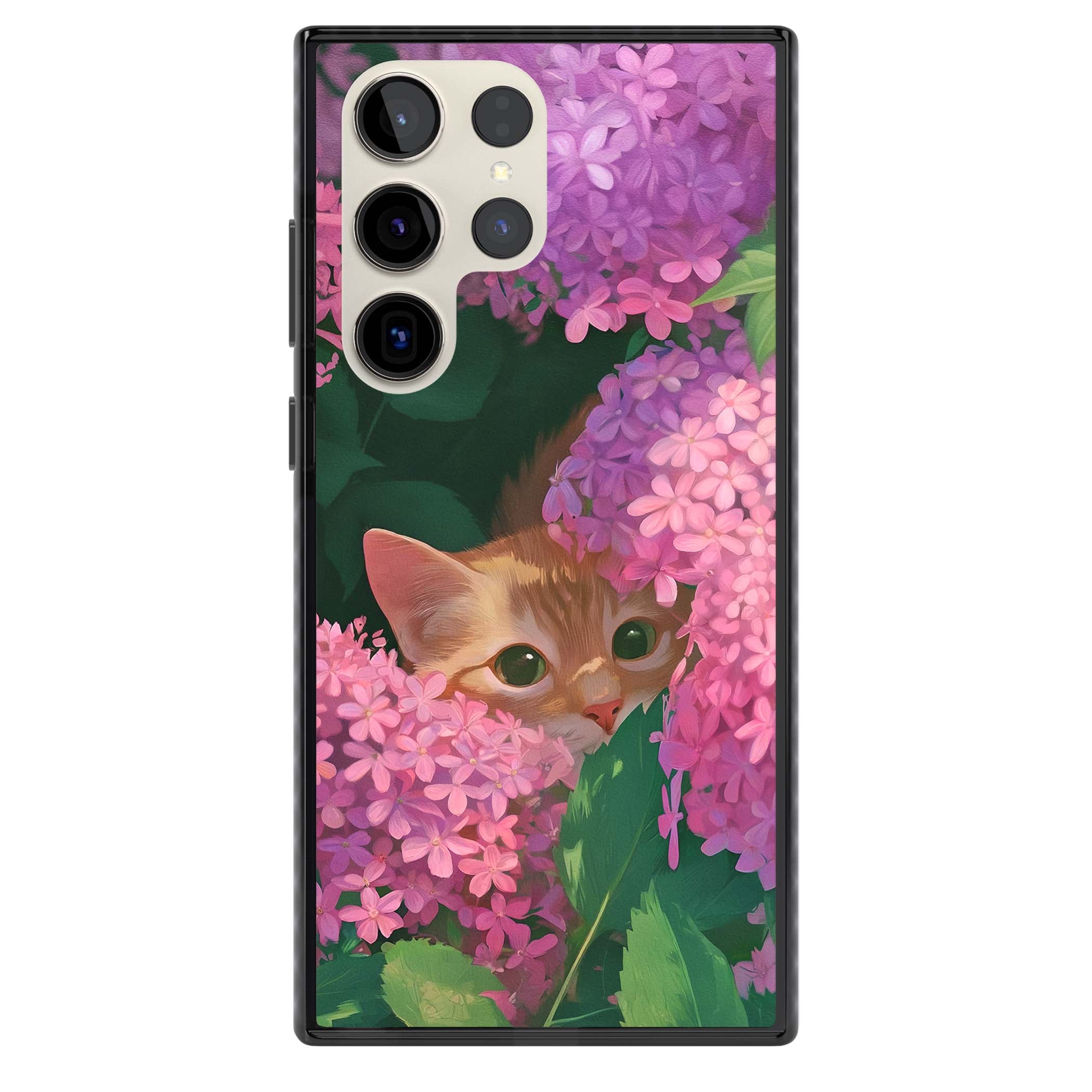Cat In Pink Flowers cottagecore iPhone case featuring a ginger kitten peeking through lilac and pink hydrangea flo | Black Impact case for Samsung Galaxy S24 Ultra, Samsung Galaxy S23 Ultra, Samsung Galaxy S22 Ultra