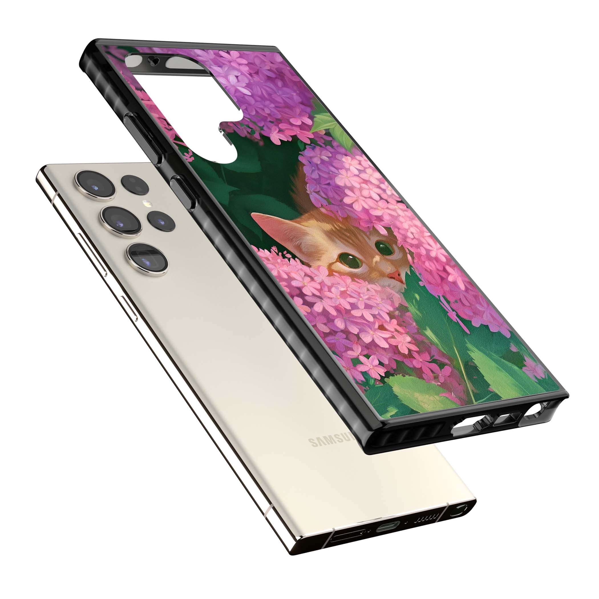 Cat In Pink Flowers cottagecore iPhone case featuring a ginger kitten peeking through lilac and pink hydrangea flo | Black Impact case for Samsung Galaxy S24 Ultra, Samsung Galaxy S23 Ultra, Samsung Galaxy S22 Ultra
