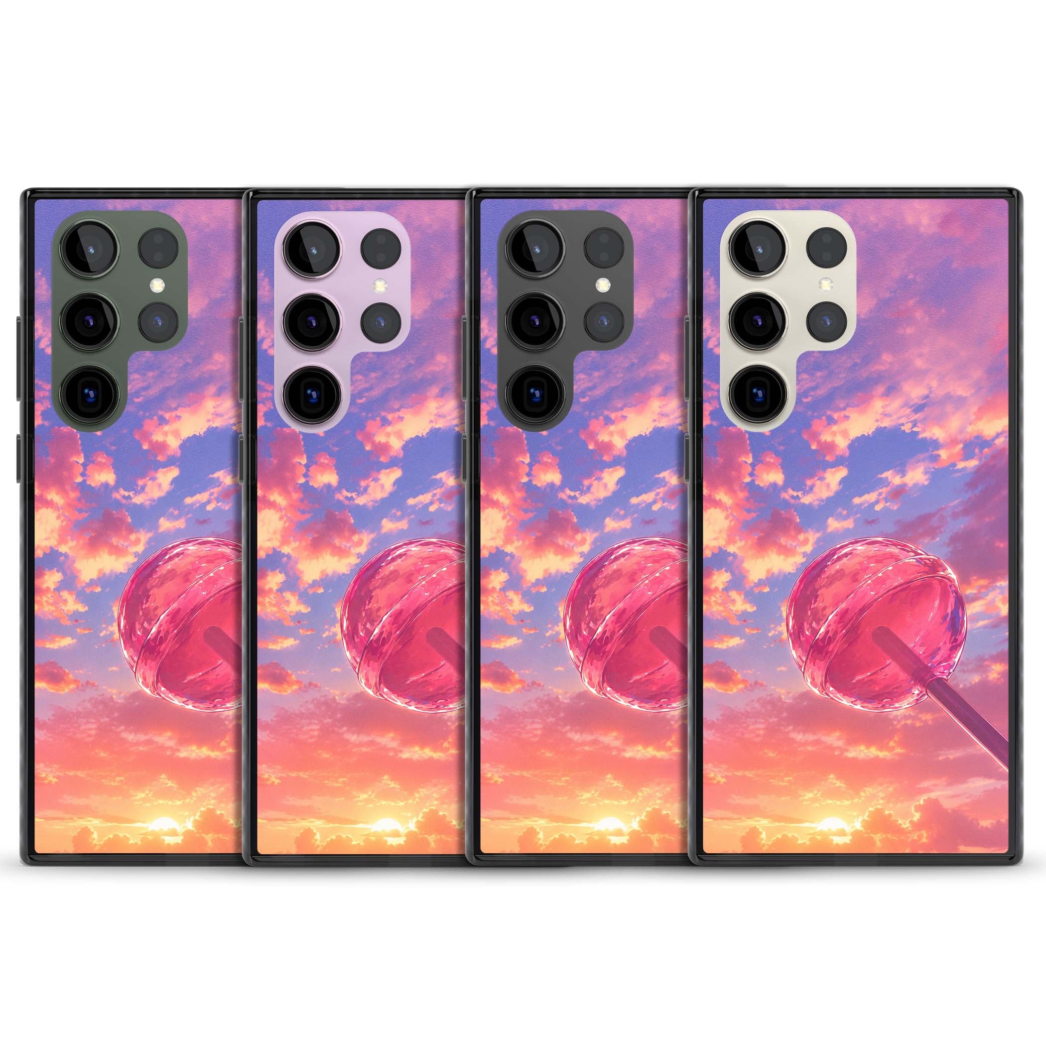 Sugar Sunset candy aesthetic iPhone case featuring a pink lollipop, pastel sunset sky and dreamy clouds | Black Impact case for Samsung Galaxy S24 Ultra, Samsung Galaxy S23 Ultra, Samsung Galaxy S22 Ultra