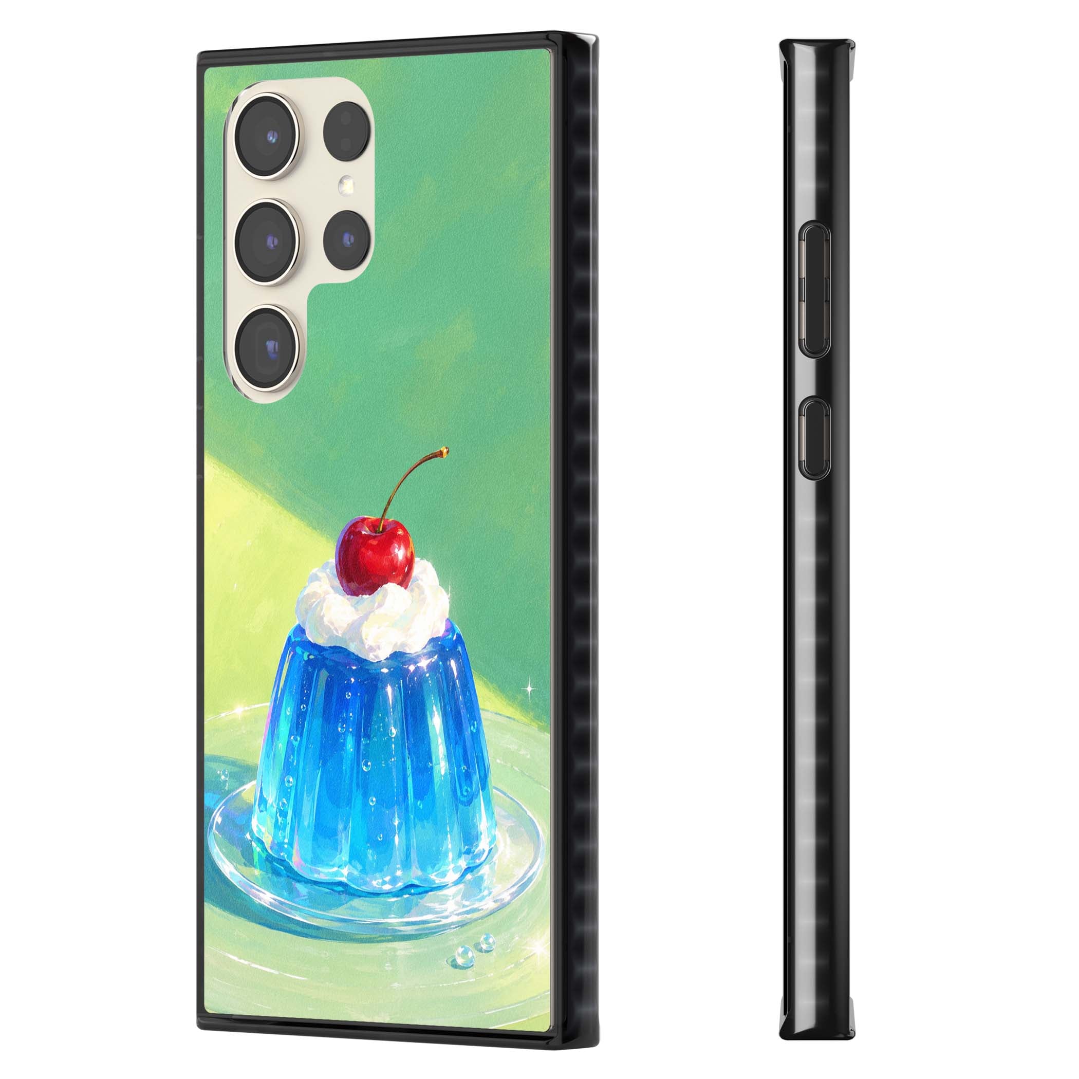 Cherry Jelly kawaii dessert iPhone case featuring blue jelly pudding, whipped cream and a red cherry | Black Impact case for Samsung Galaxy S24 Ultra, Samsung Galaxy S23 Ultra, Samsung Galaxy S22 Ultra