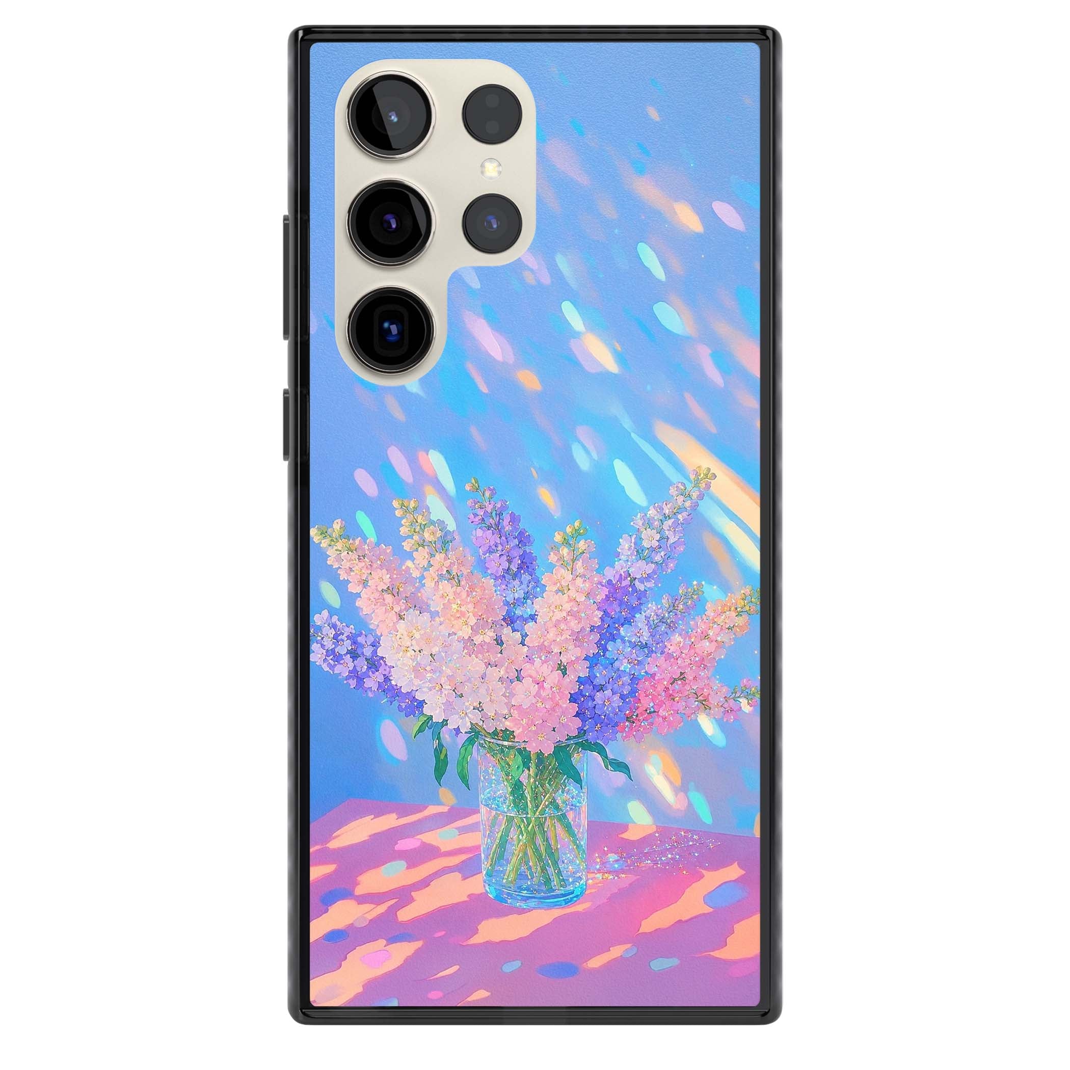 Bubblegum Flowers floral iPhone case featuring pastel lilac and pink bouquet in a glass vase with iridescent light | Black Impact case for Samsung Galaxy S24 Ultra, Samsung Galaxy S23 Ultra, Samsung Galaxy S22 Ultra