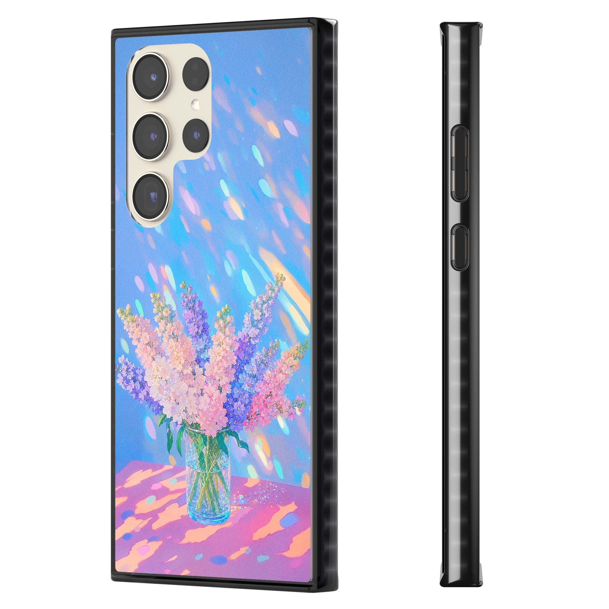 Bubblegum Flowers floral iPhone case featuring pastel lilac and pink bouquet in a glass vase with iridescent light | Black Impact case for Samsung Galaxy S24 Ultra, Samsung Galaxy S23 Ultra, Samsung Galaxy S22 Ultra