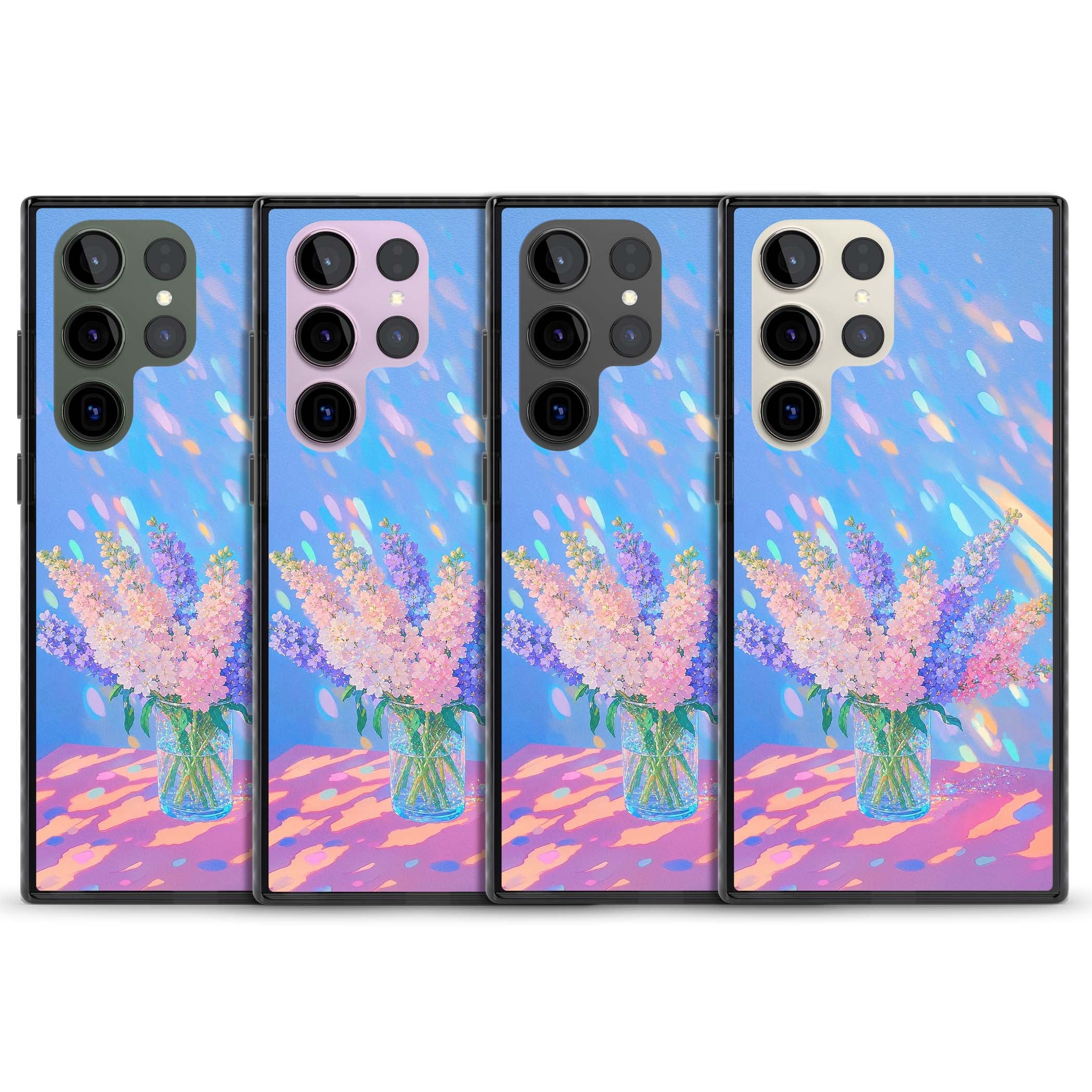 Bubblegum Flowers floral iPhone case featuring pastel lilac and pink bouquet in a glass vase with iridescent light | Black Impact case for Samsung Galaxy S24 Ultra, Samsung Galaxy S23 Ultra, Samsung Galaxy S22 Ultra