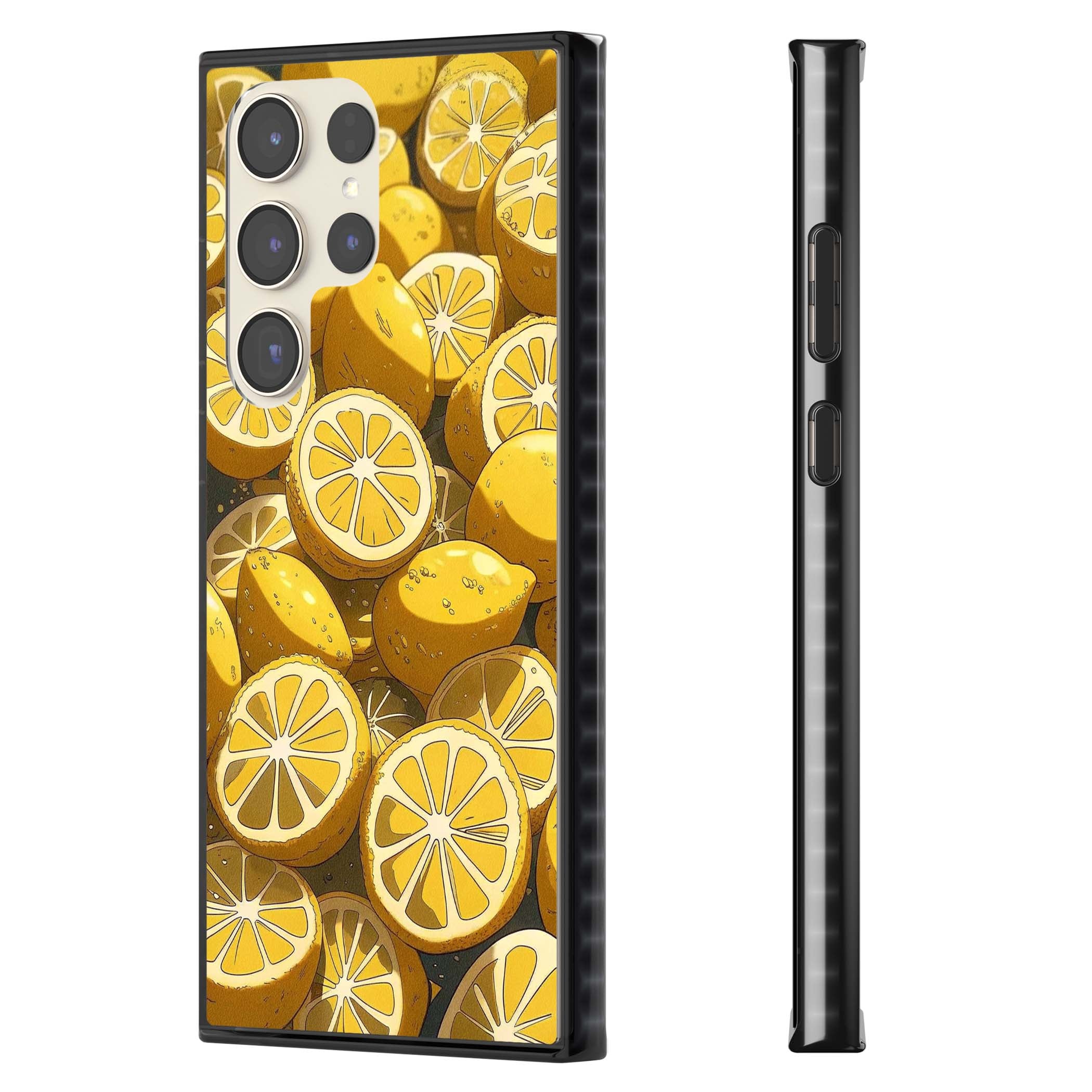 Zesty coastal iPhone case featuring illustrated Mediterranean lemons and citrus slices in golden yellow | Black Impact case for Samsung Galaxy S24 Ultra, Samsung Galaxy S23 Ultra, Samsung Galaxy S22 Ultra