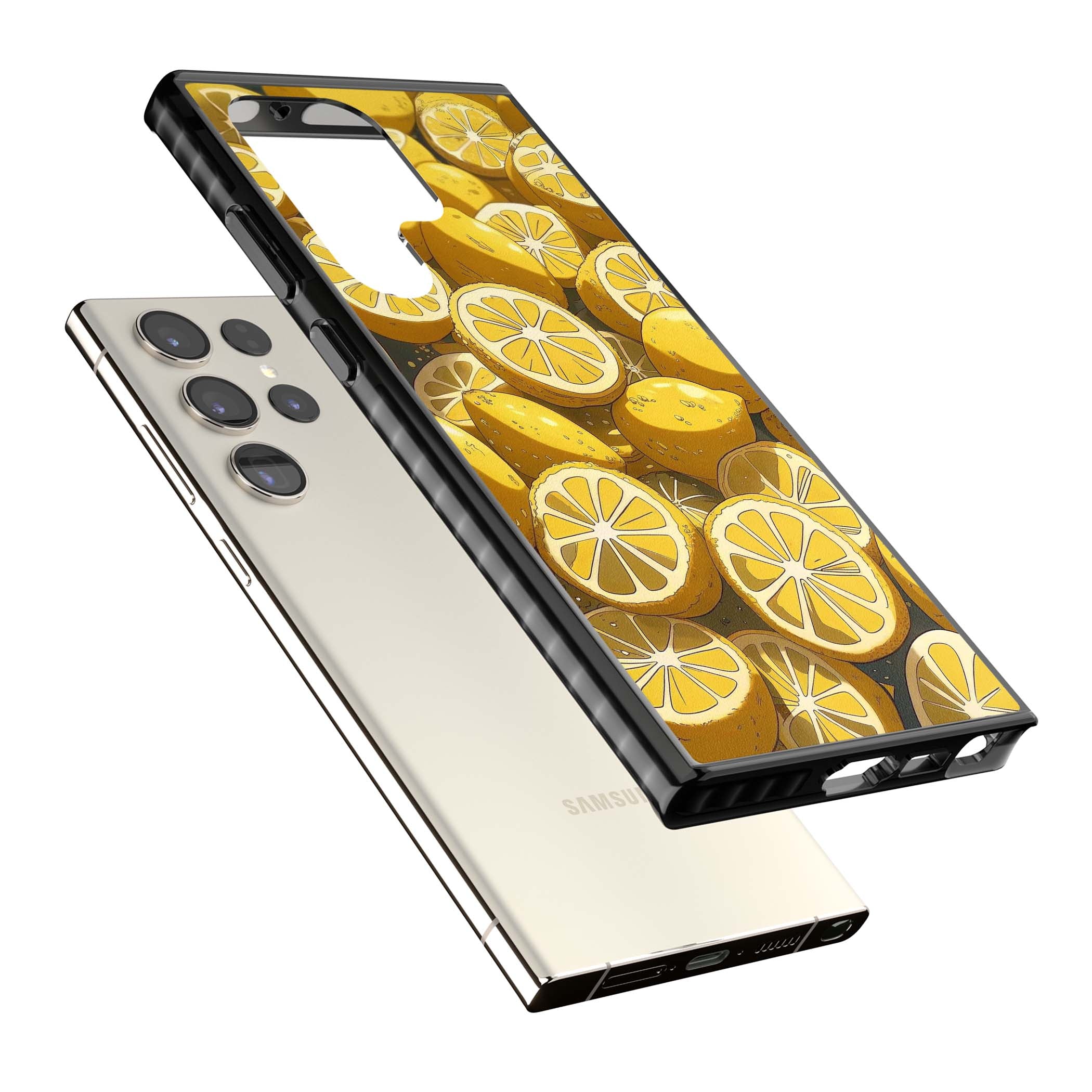 Zesty coastal iPhone case featuring illustrated Mediterranean lemons and citrus slices in golden yellow | Black Impact case for Samsung Galaxy S24 Ultra, Samsung Galaxy S23 Ultra, Samsung Galaxy S22 Ultra