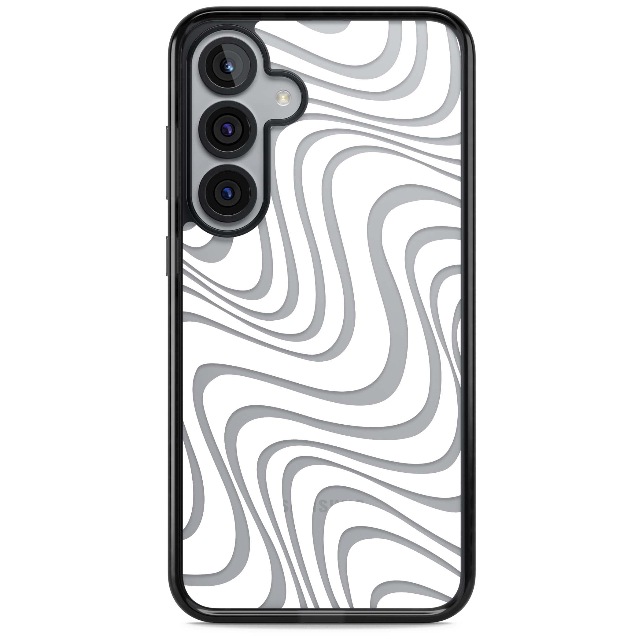 White Abstract Waves abstract iPhone case featuring flowing grey wave pattern on clear background | Black Impact case for Samsung Galaxy S25, Samsung Galaxy S25 Plus