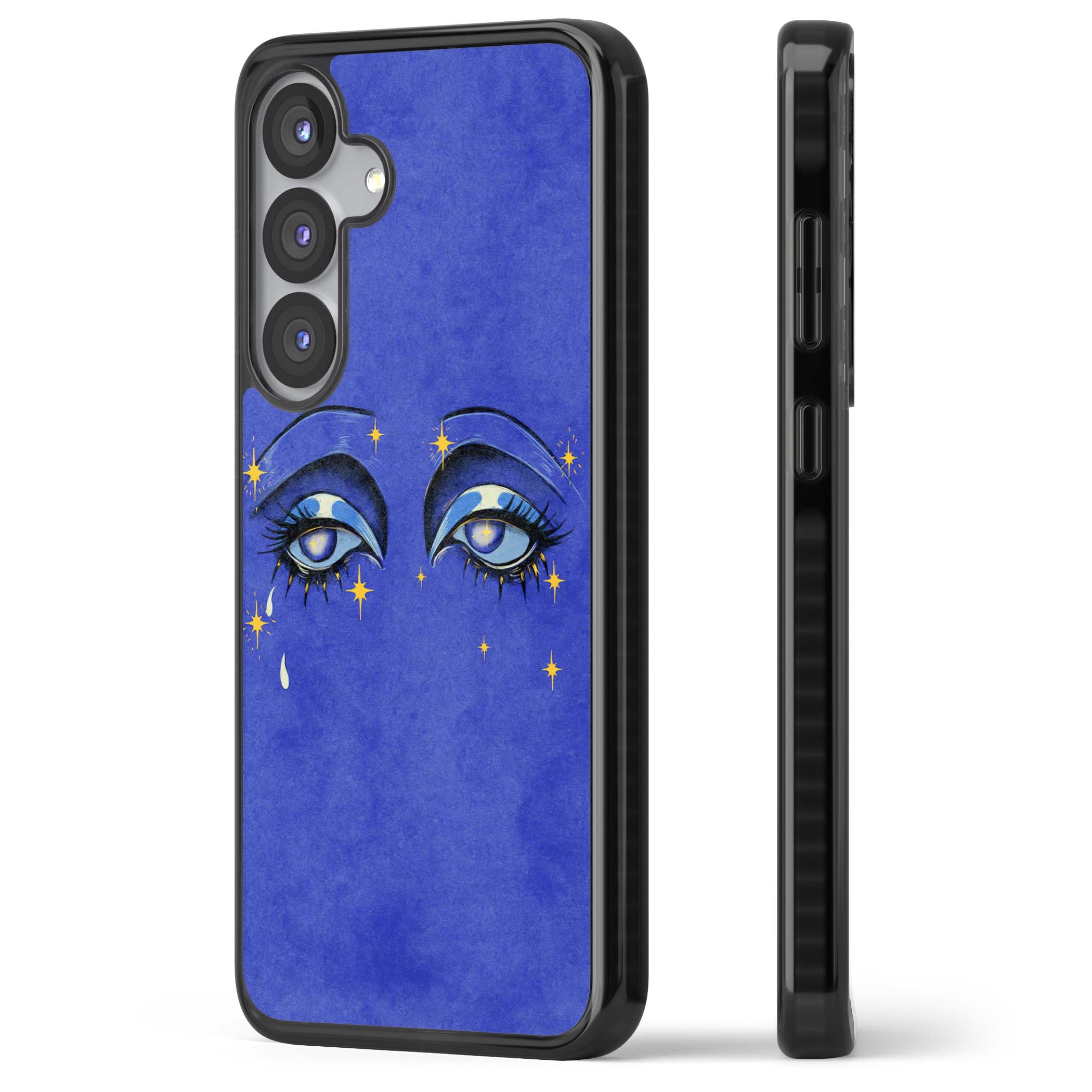 Blue Mystic Eyes celestial iPhone case featuring hand drawn blue mystical eyes, golden stars and a painted tear on indigo | Black Impact case for Samsung Galaxy S25, Samsung Galaxy S25 Plus
